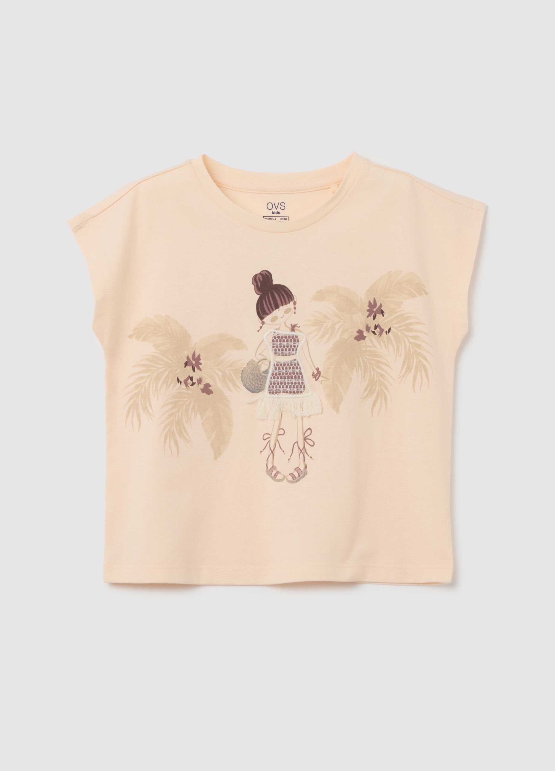Girl's beige pure cotton regular fit T-shirt with print