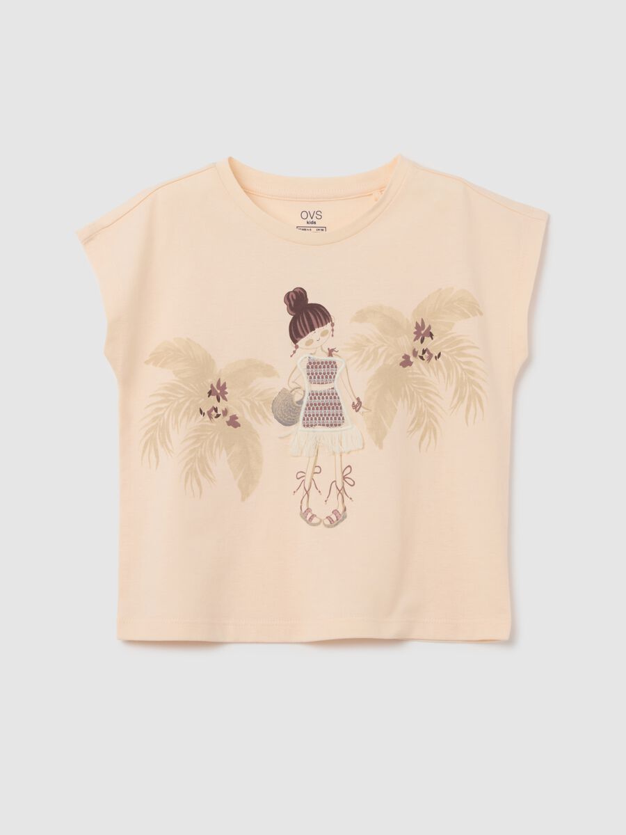 Girl's beige pure cotton regular fit T-shirt with print_0