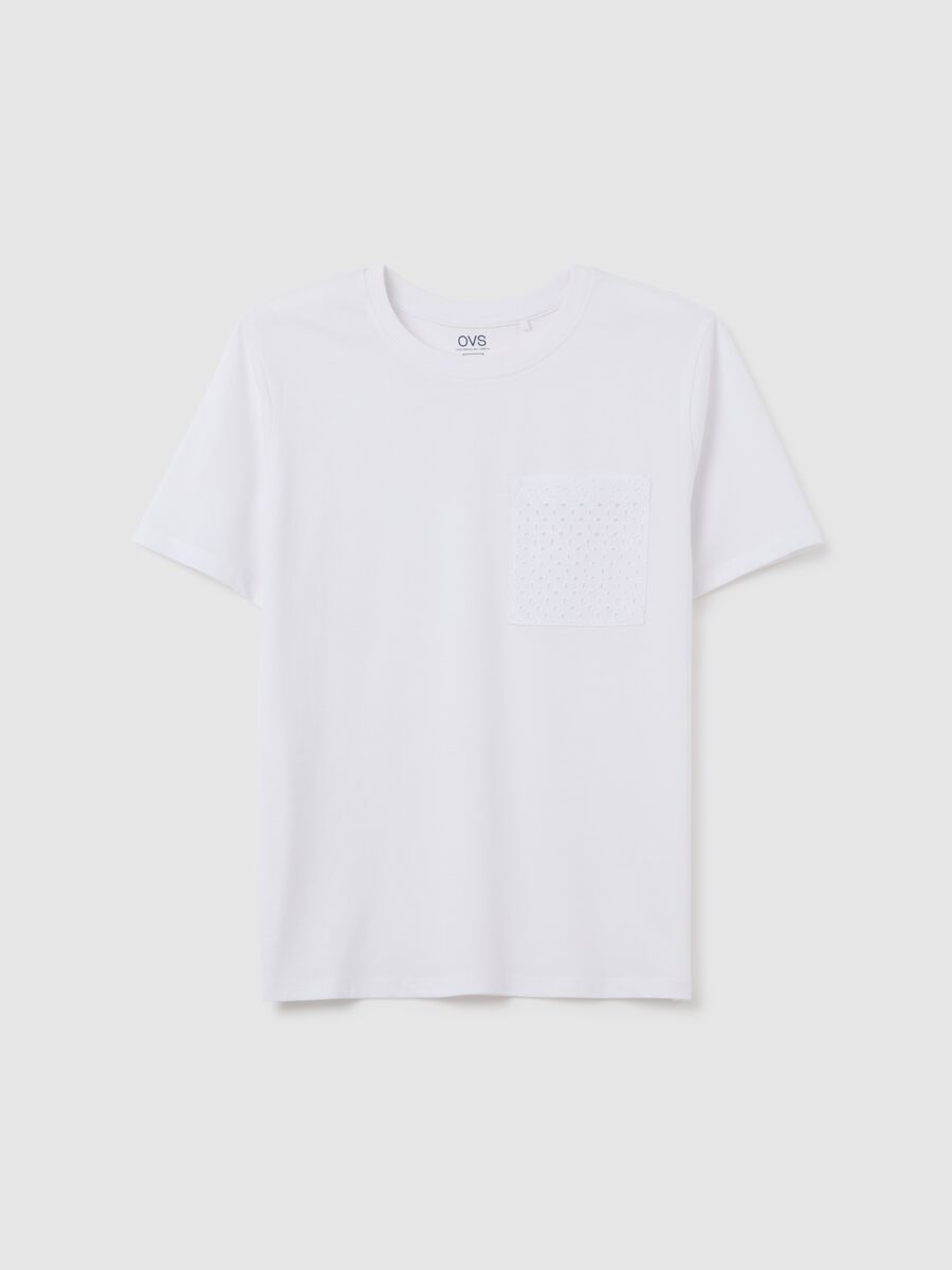 Women's white pure cotton regular fit t-shirt with embroidered pocket_0