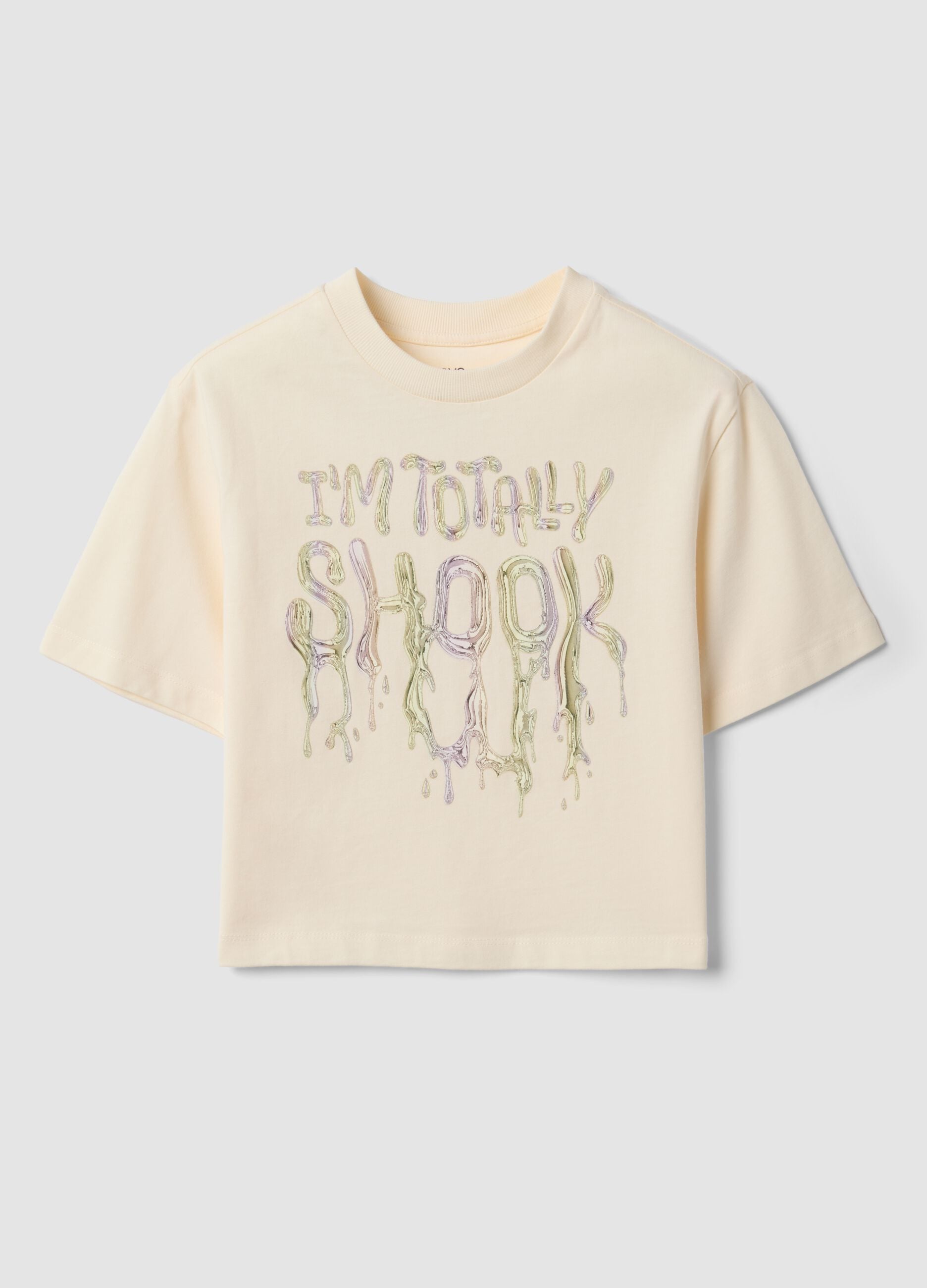 T-shirt beige in puro cotone con collo a costine e scritta frontale