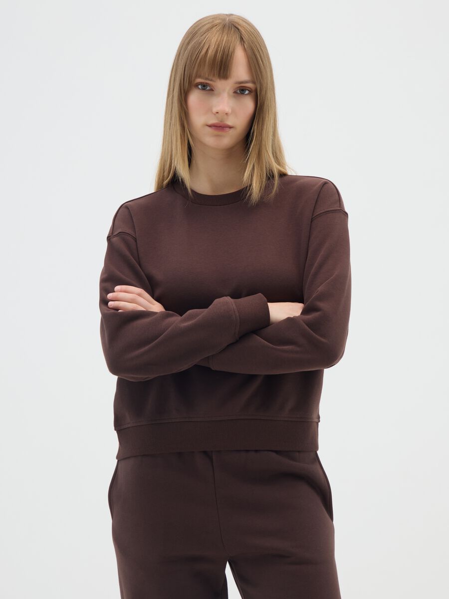 Brown crew neck cotton blend sweatshirt_0