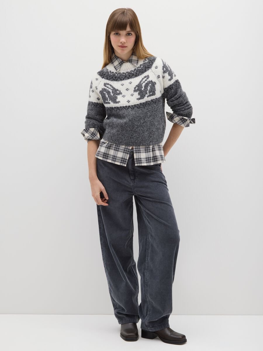 Pantaloni baggy neri  in puro cotone a coste relaxed fit_0