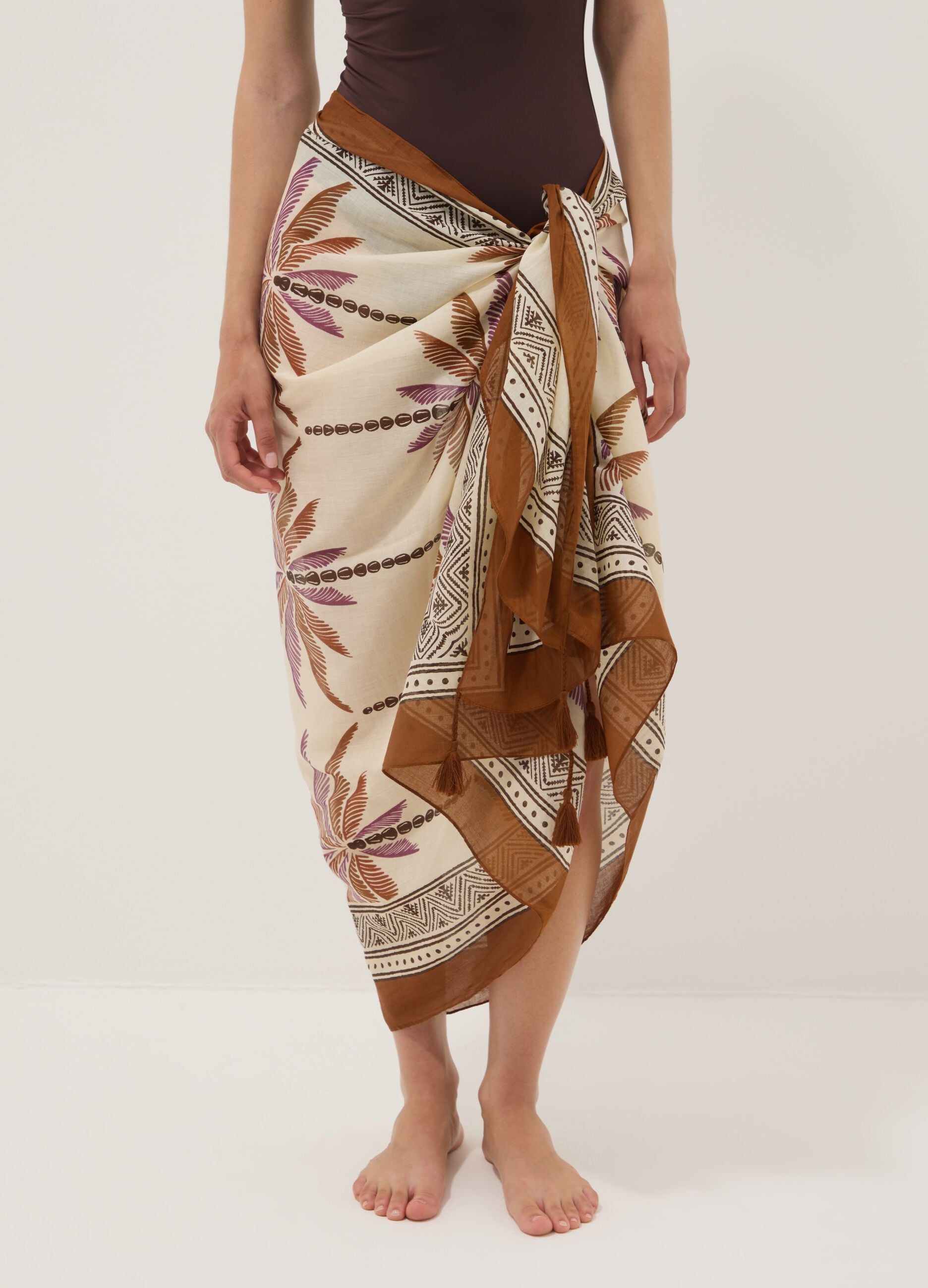 Brown pure cotton pareo with tropical print