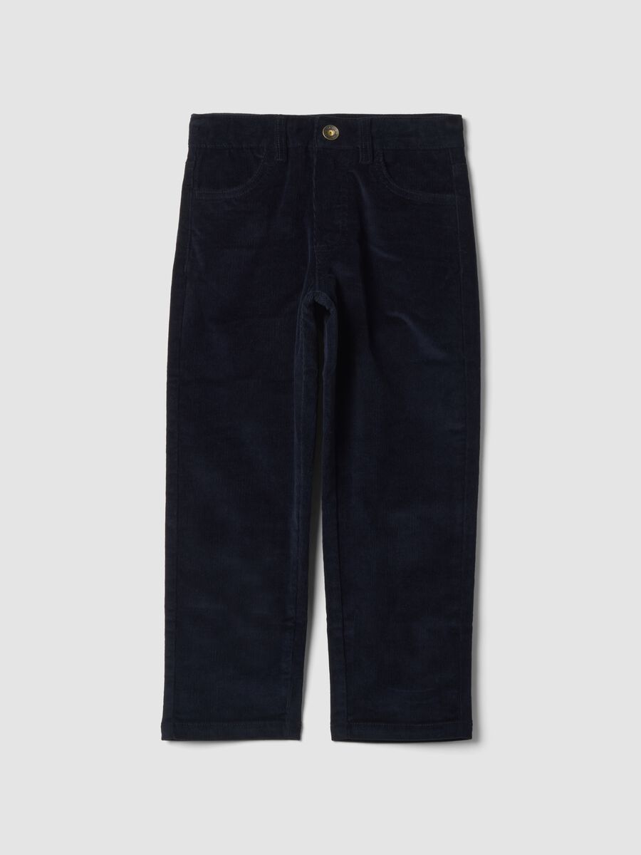 Pantaloni blu in cotone elasticizzato a costine_0
