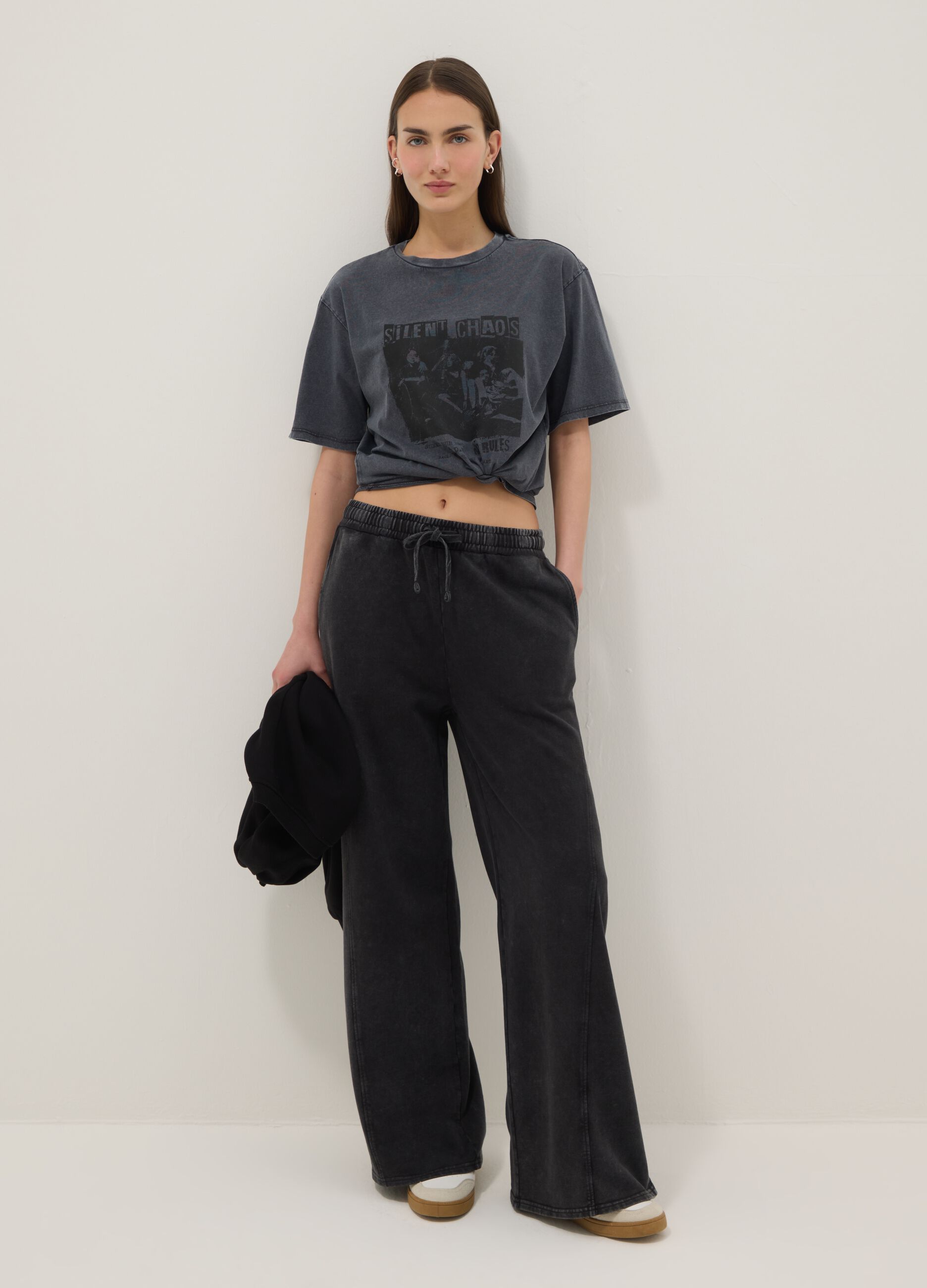 Black pure cotton wide leg jogger trousers