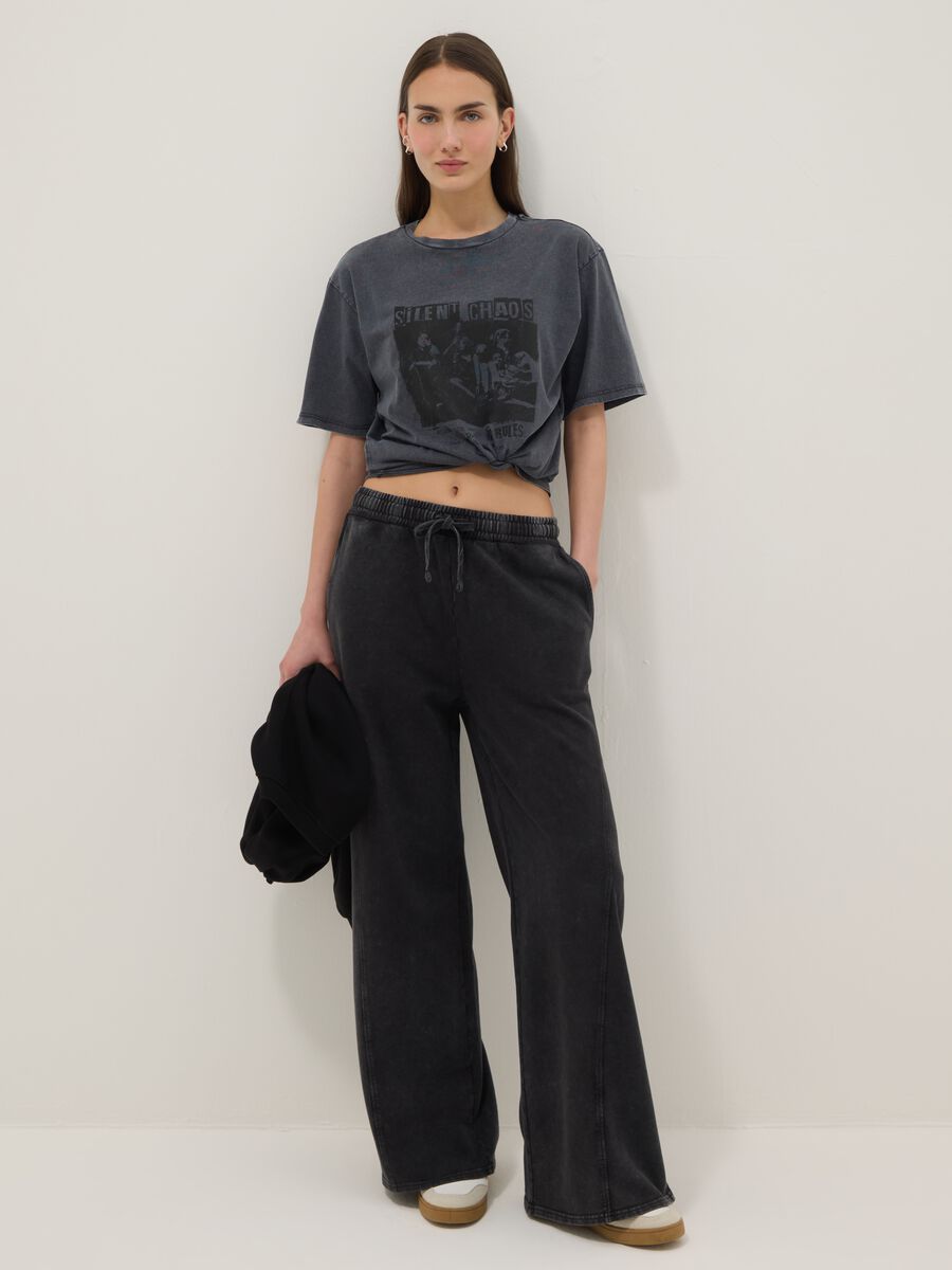 Black pure cotton wide leg jogger trousers_0