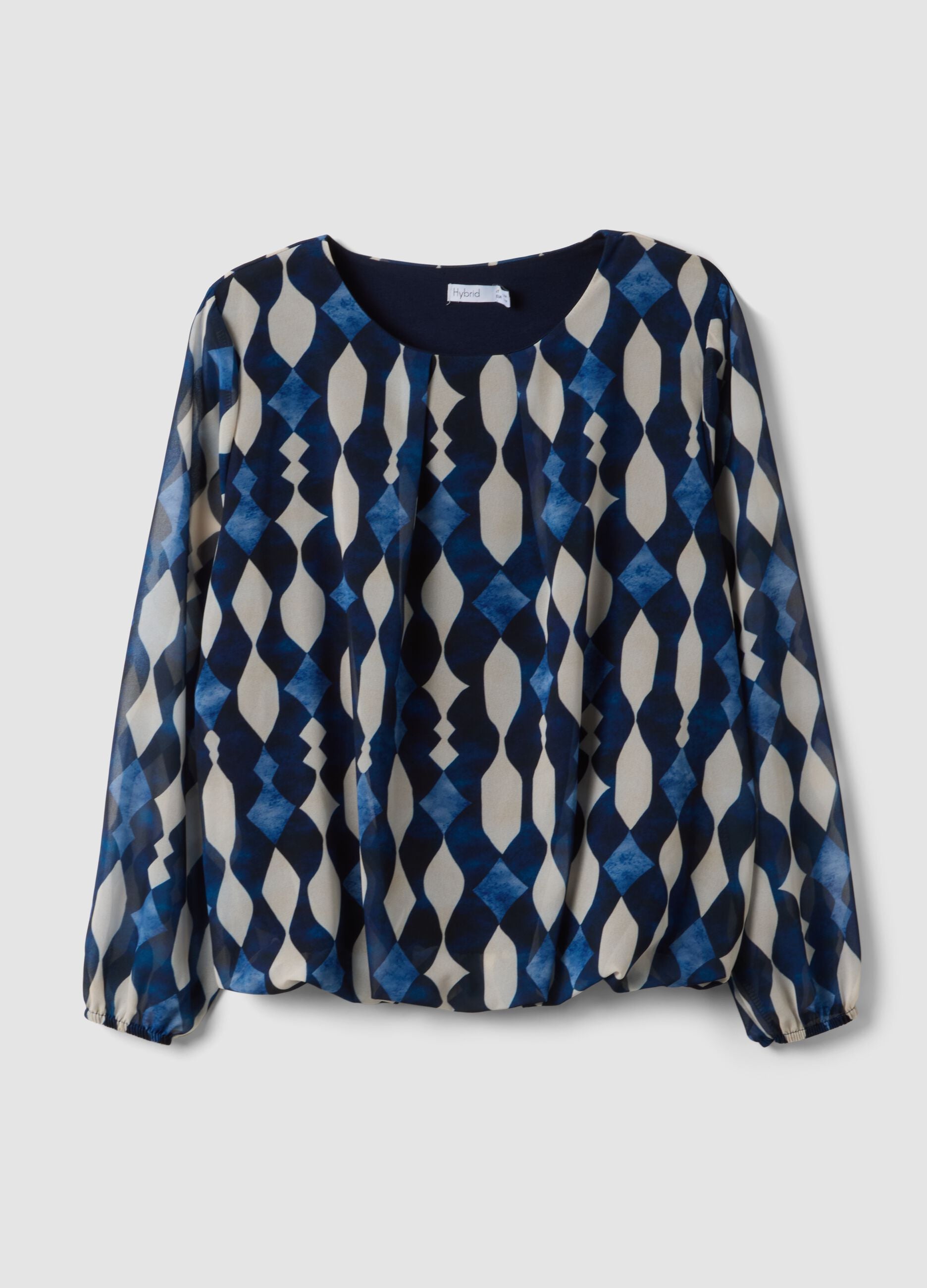 Blue and white geometric print blouse, regular fit