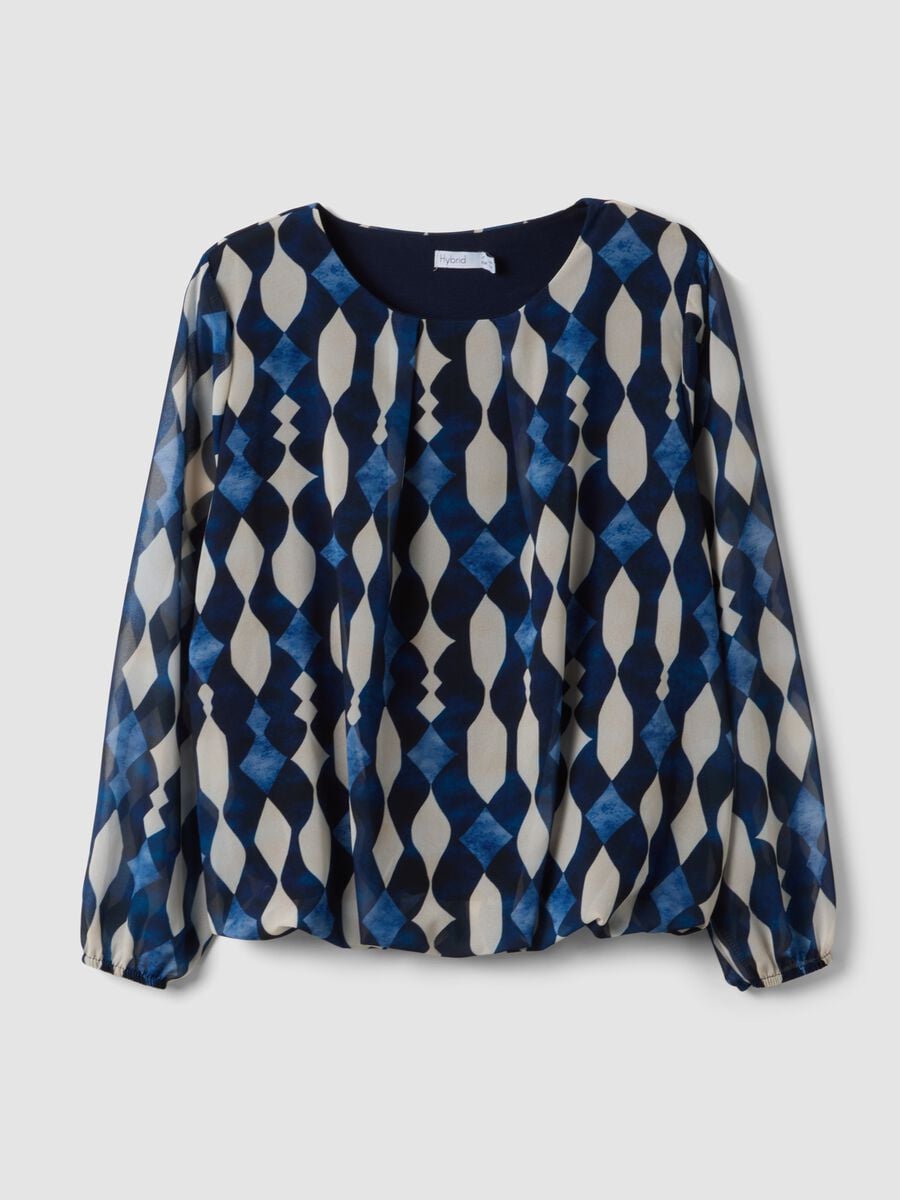 Blue and white geometric print blouse, regular fit_0