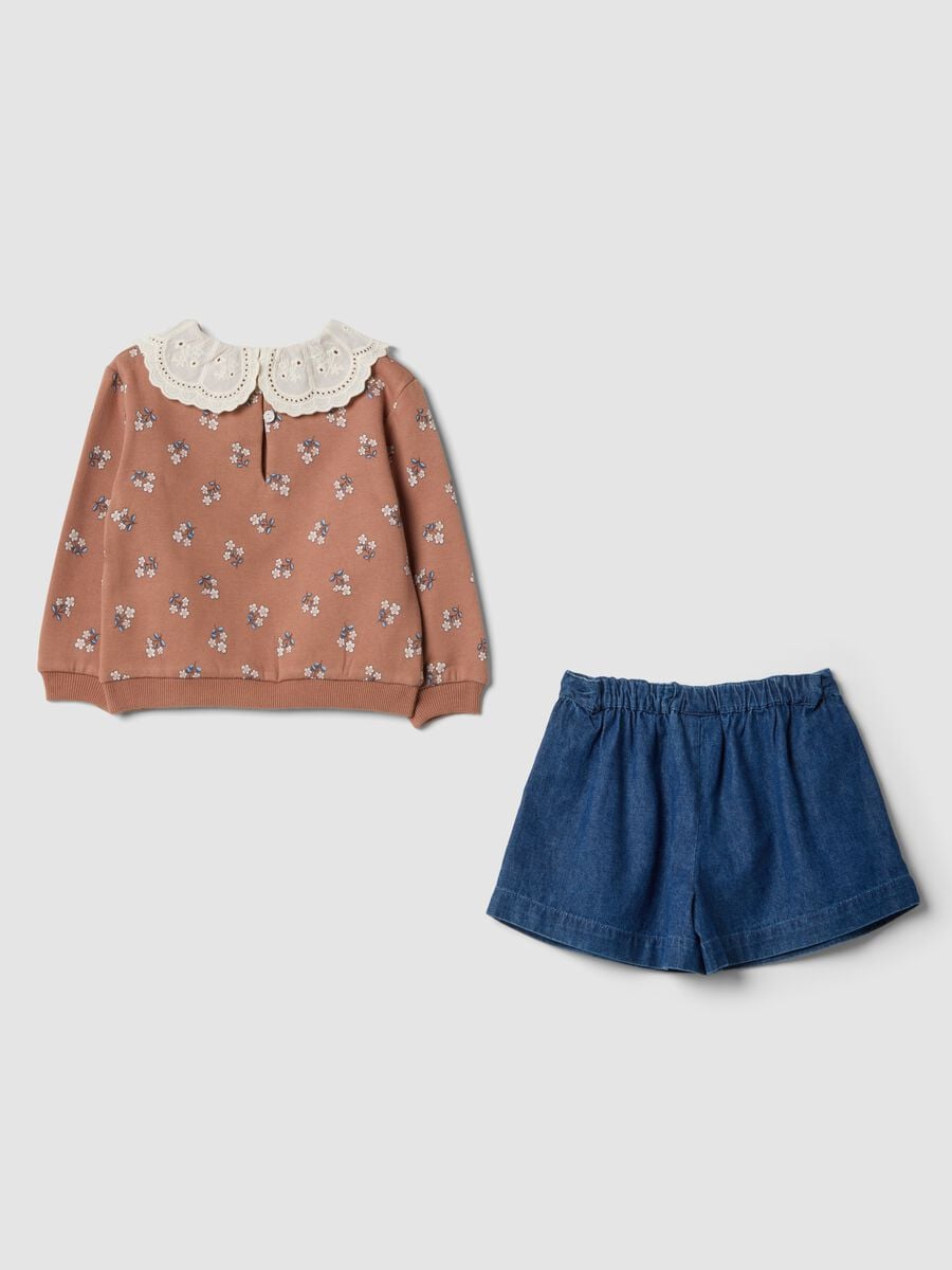Pink and denim pure cotton set with floral print_1