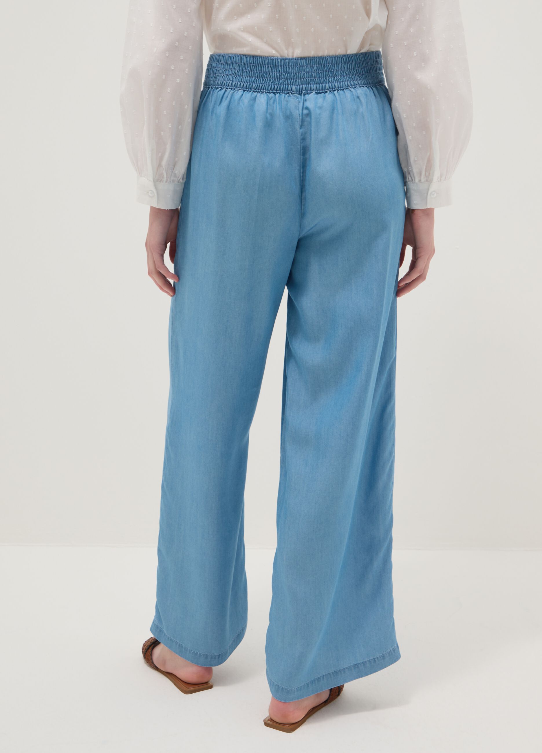 Light blue pure lyocell palazzo trousers with elasticated waist, wide-leg