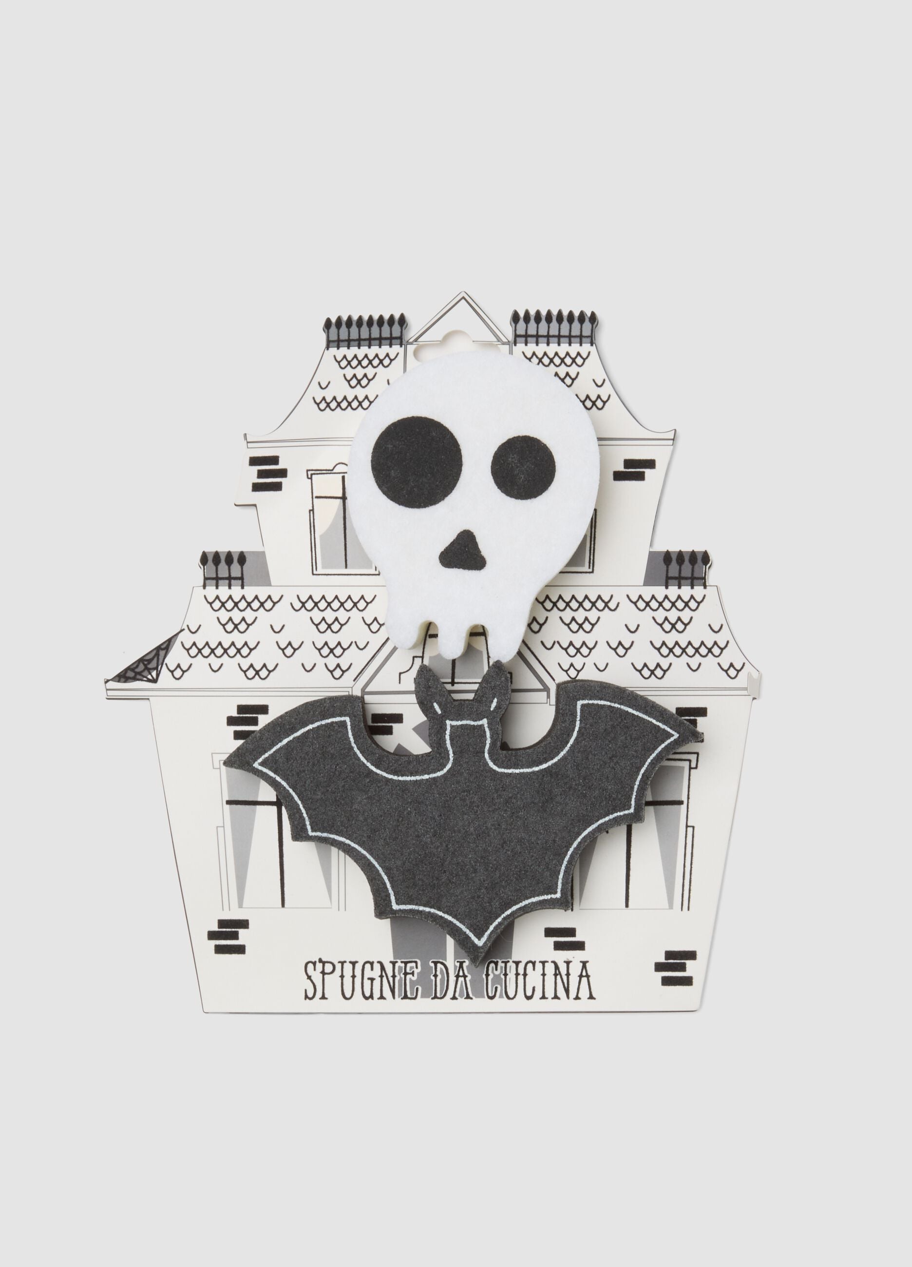 Black and white kitchen sponge set in skull and bat shapes