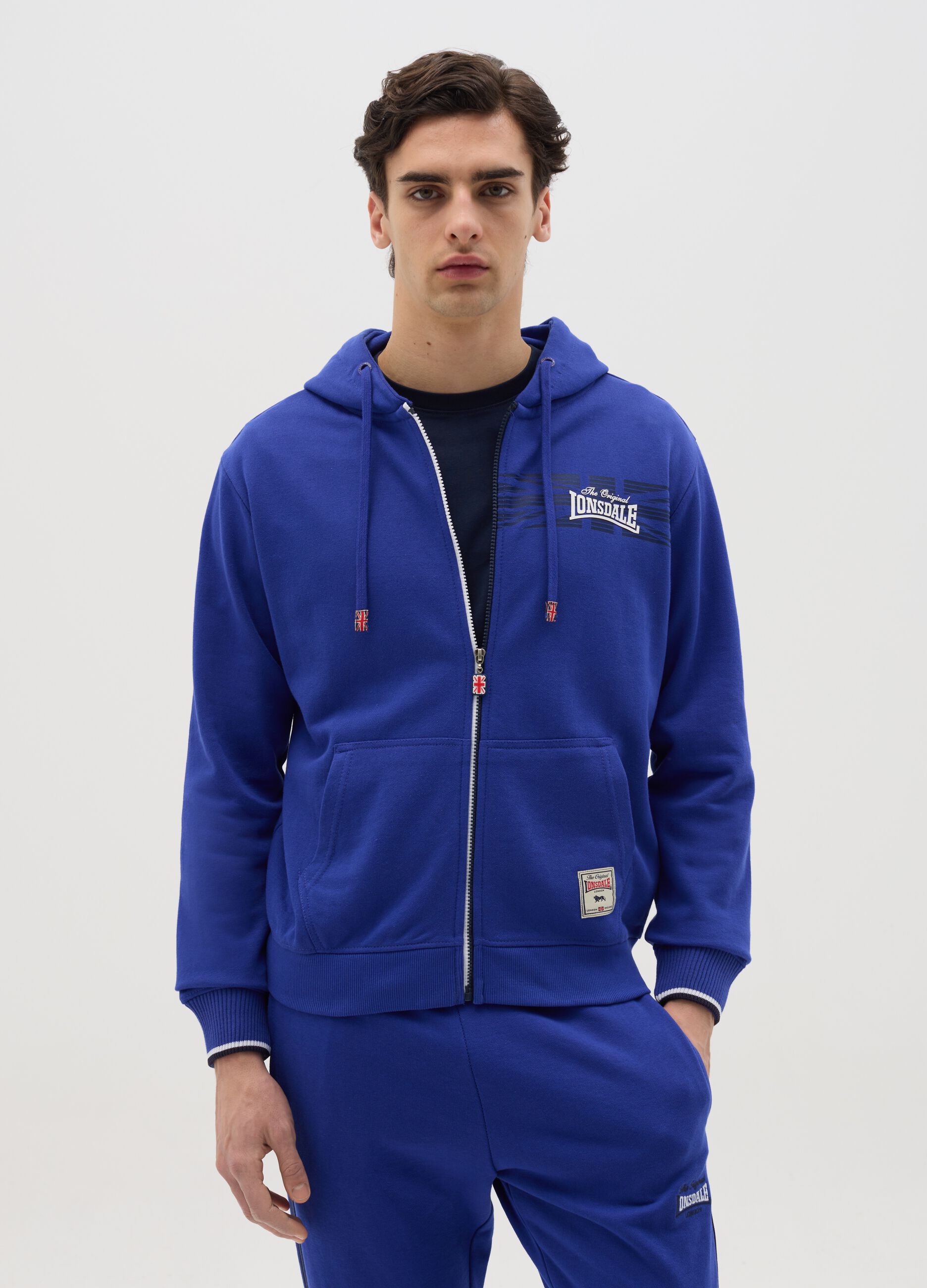 Blue full-zip sweatshirt with hood