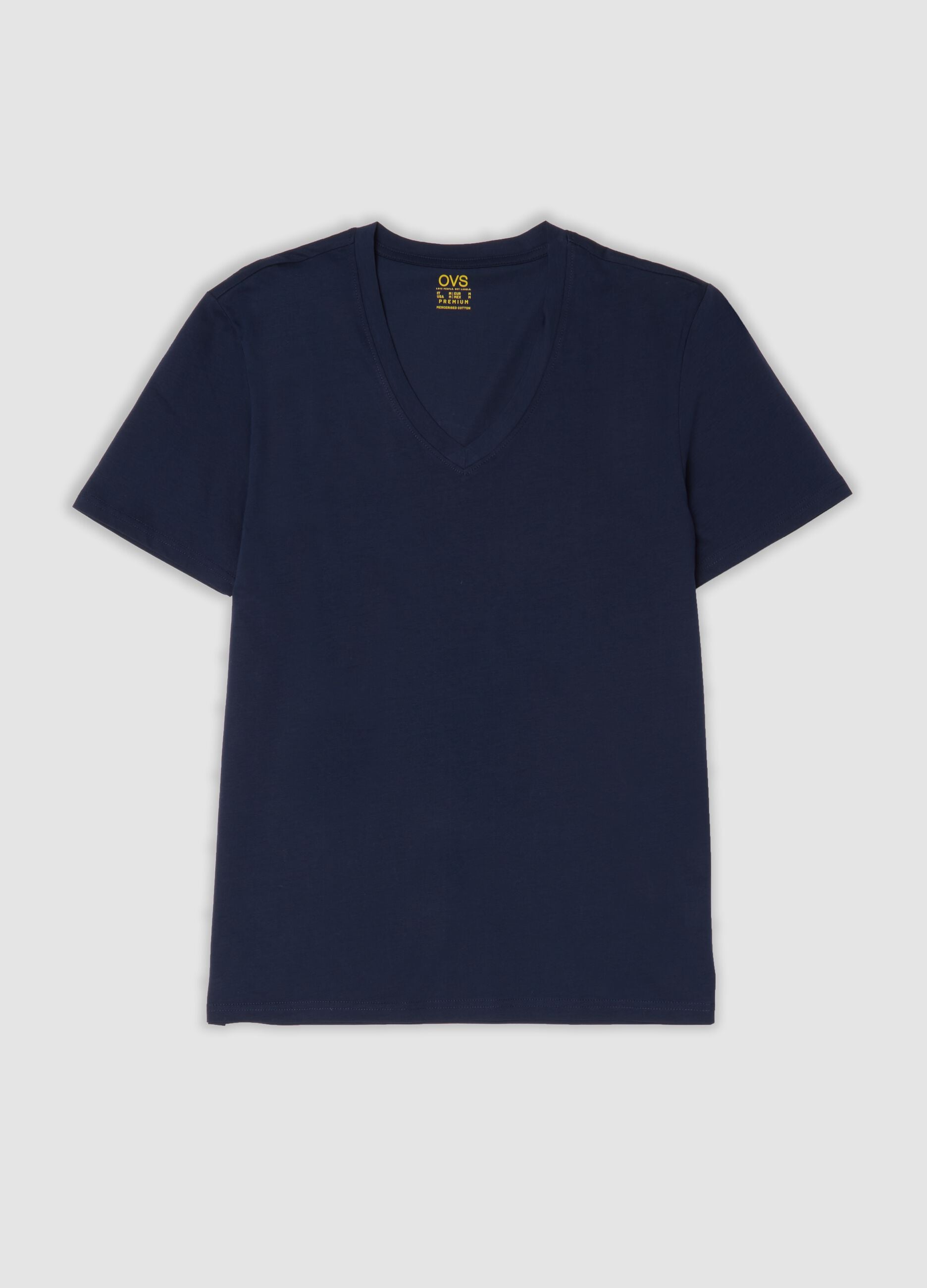 Blue T-shirt in pure mercerised cotton with deep V-neck