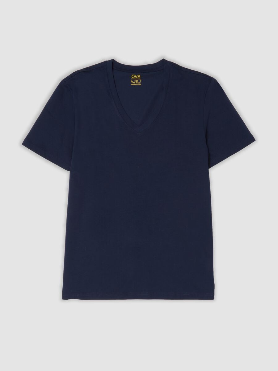 Blue T-shirt in pure mercerised cotton with deep V-neck_0