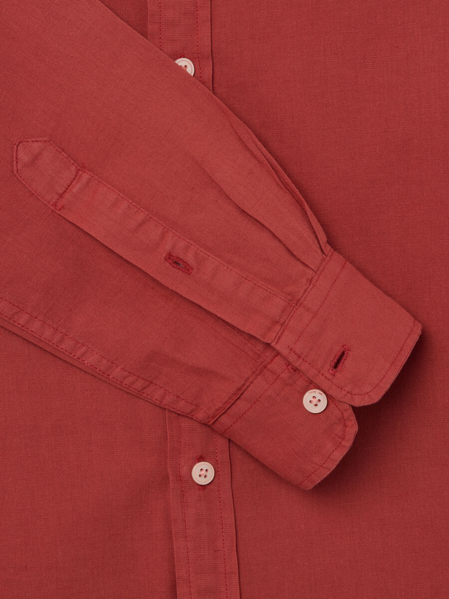 Red Cotton and Linen Korean Collar Shirt_5