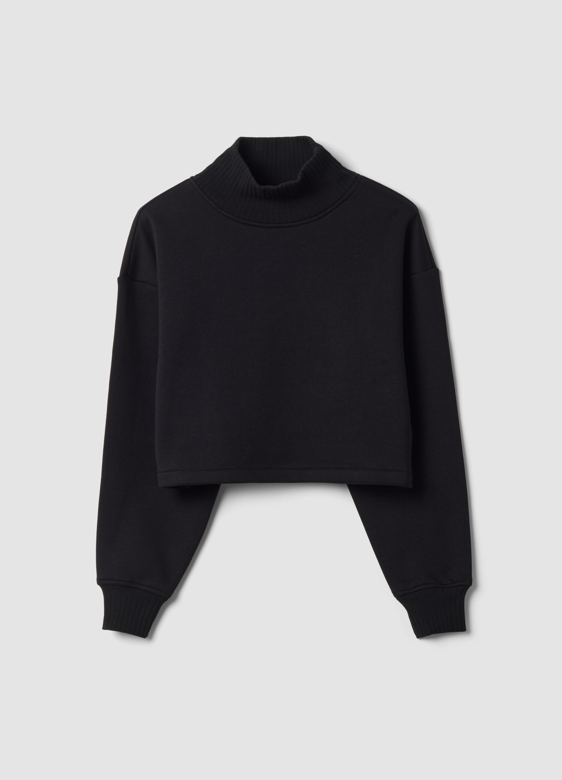 Black cropped cotton-blend fleece sweatshirt with crew neck