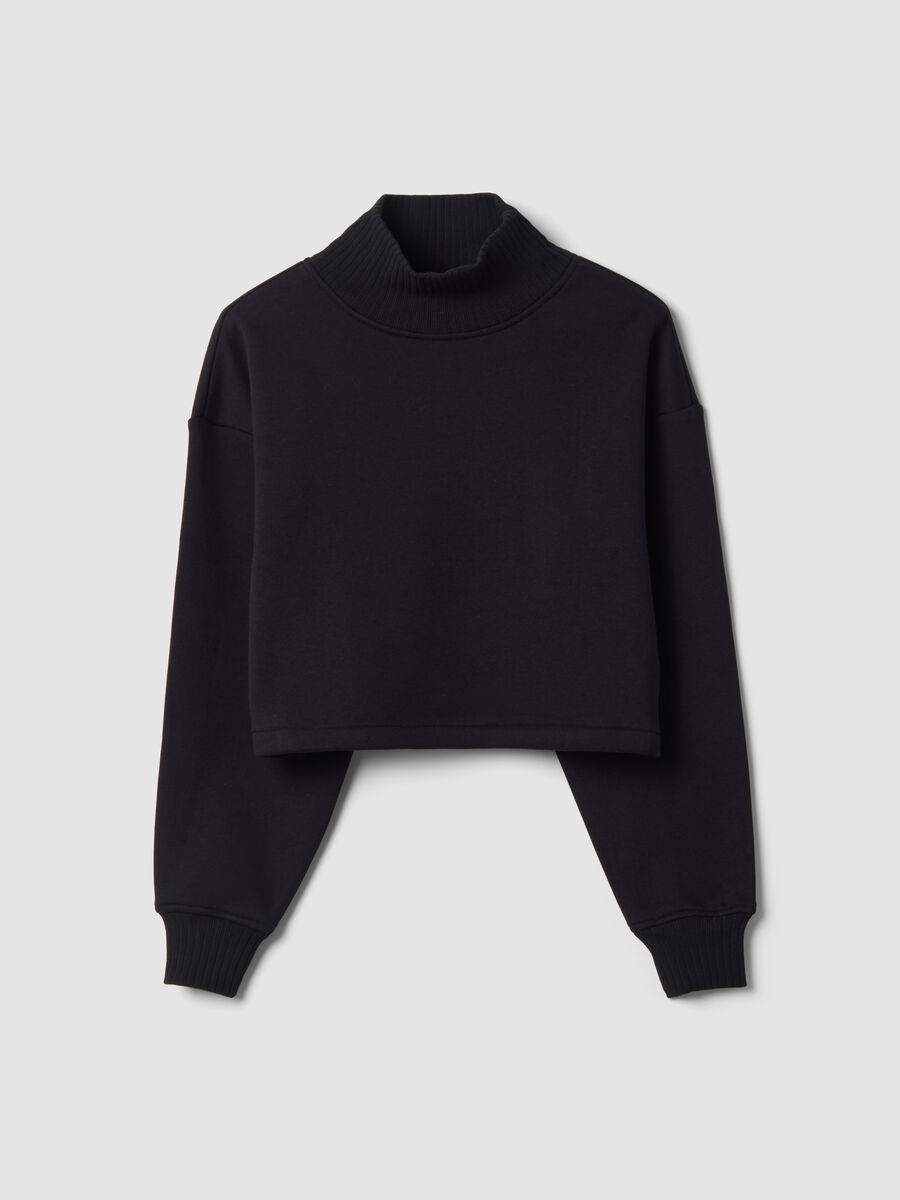 Felpa nera cropped in misto cotone fleece con girocollo_0
