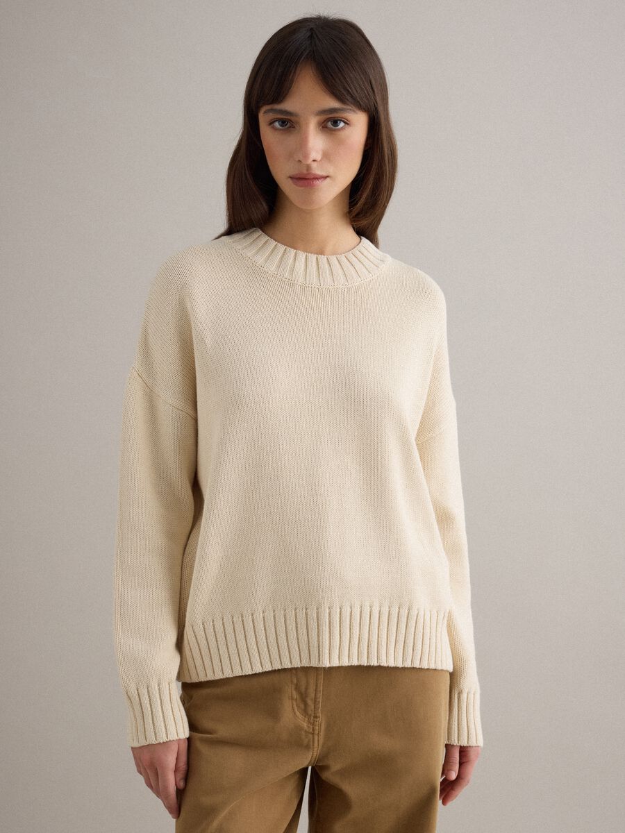 Beige crew neck pullover in pure cotton regular fit_0