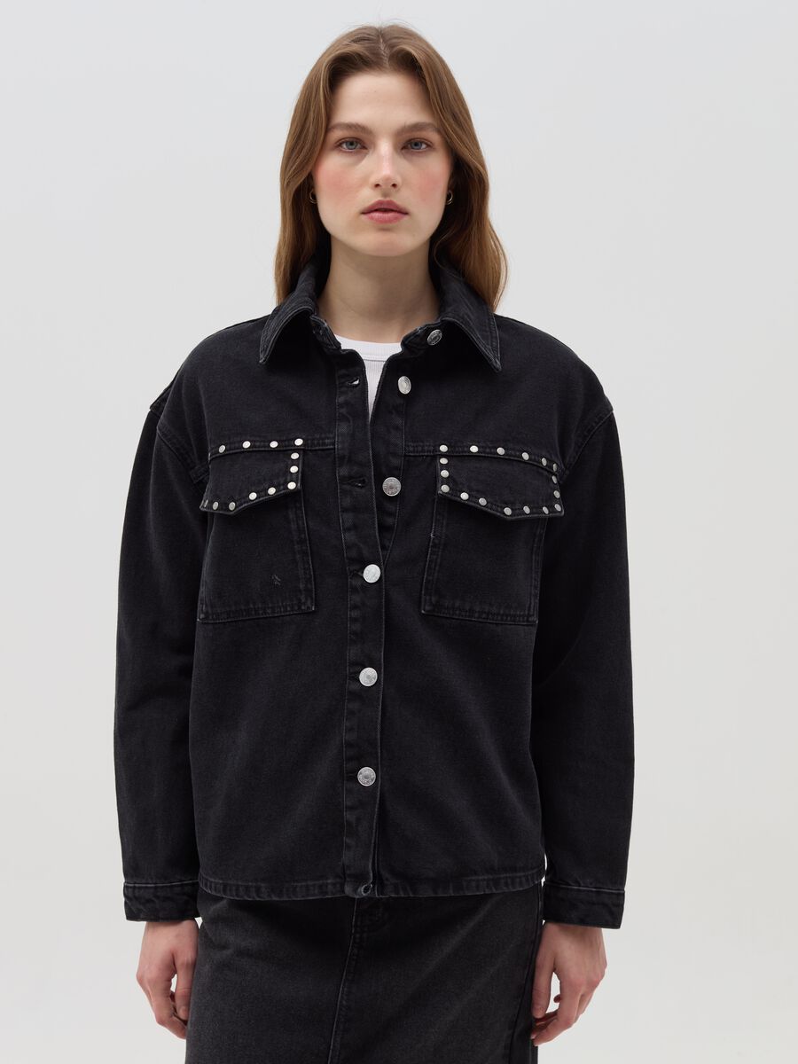 Denim shacket with studs_0
