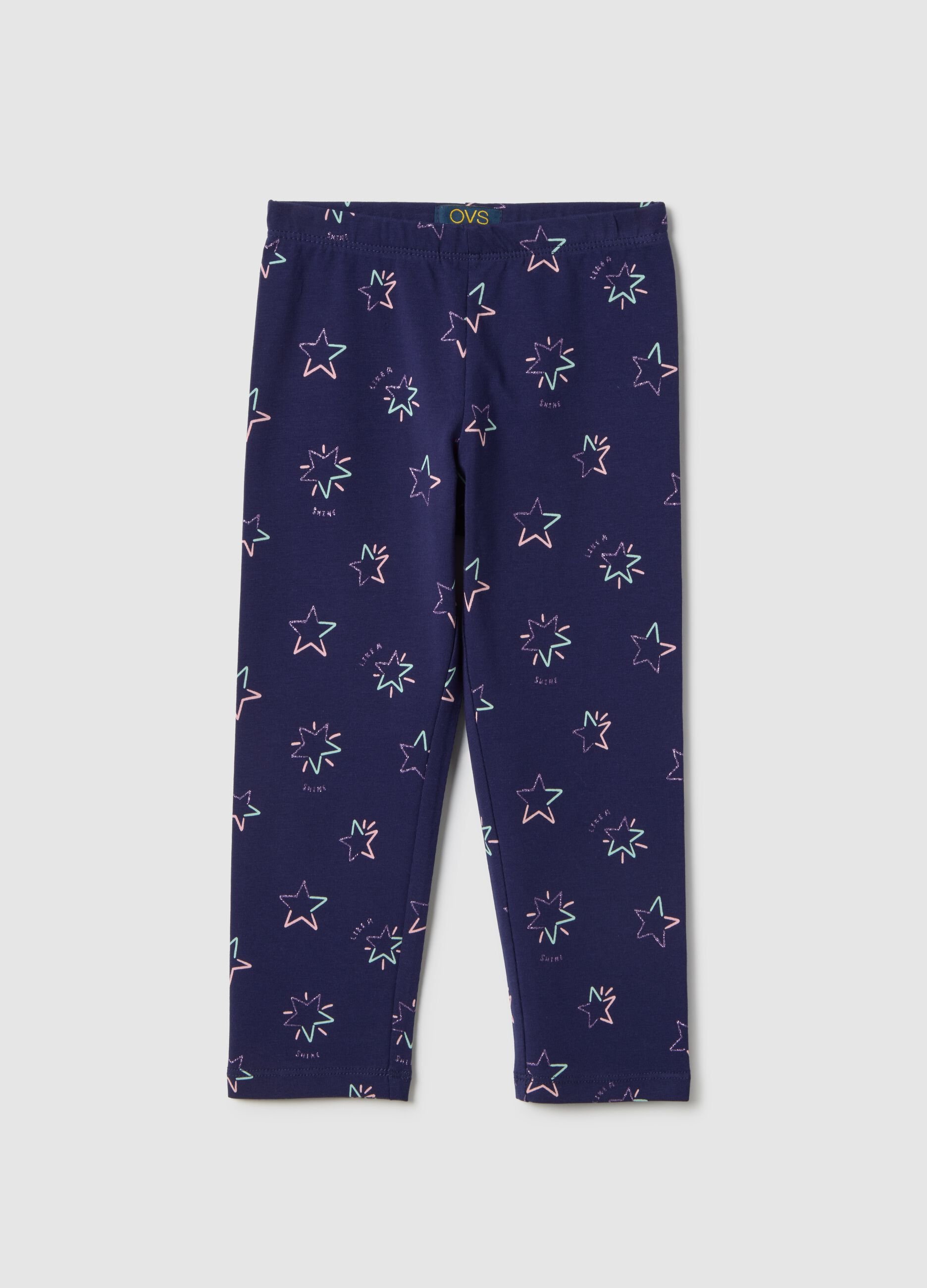 Girls' Purple Stretch Cotton Skinny Fit Leggings with Stars