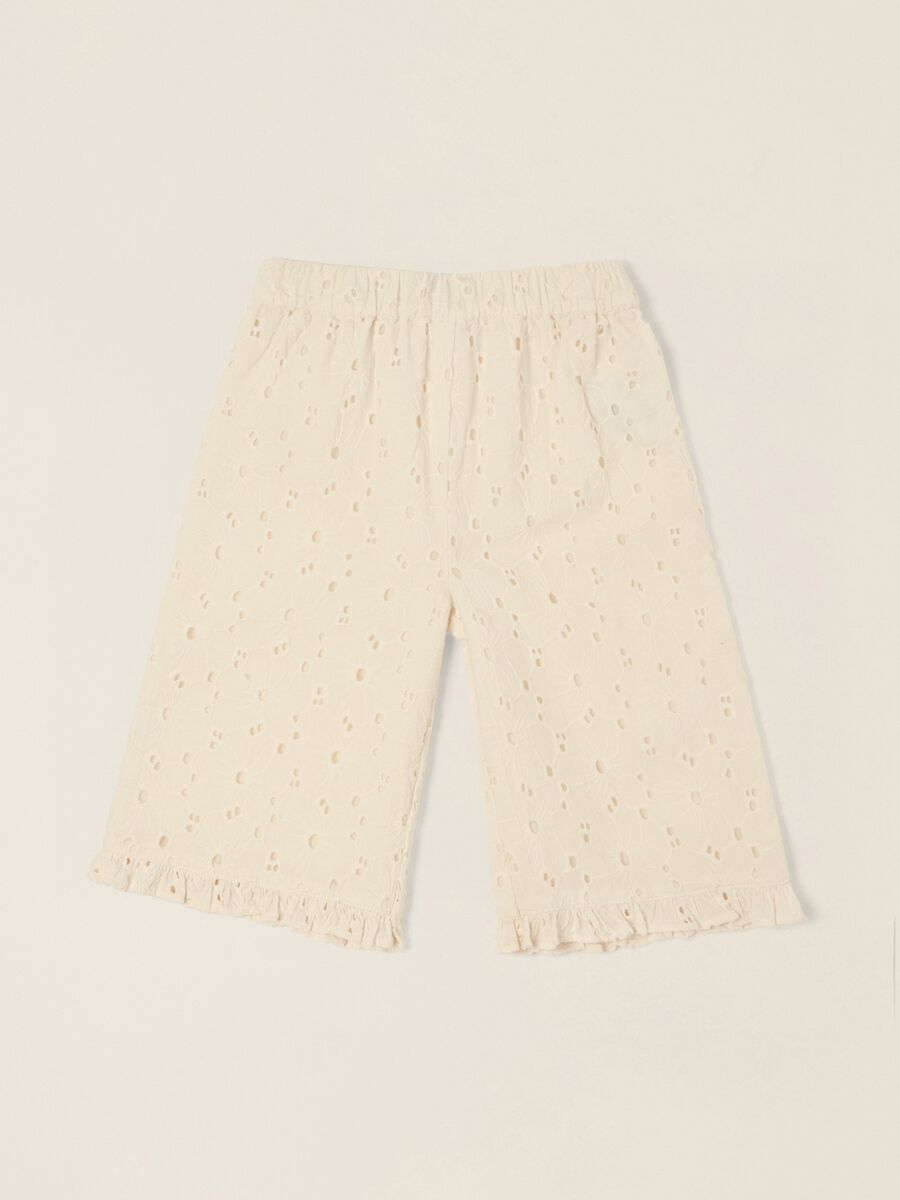 White broderie cotton trousers for baby girls_0