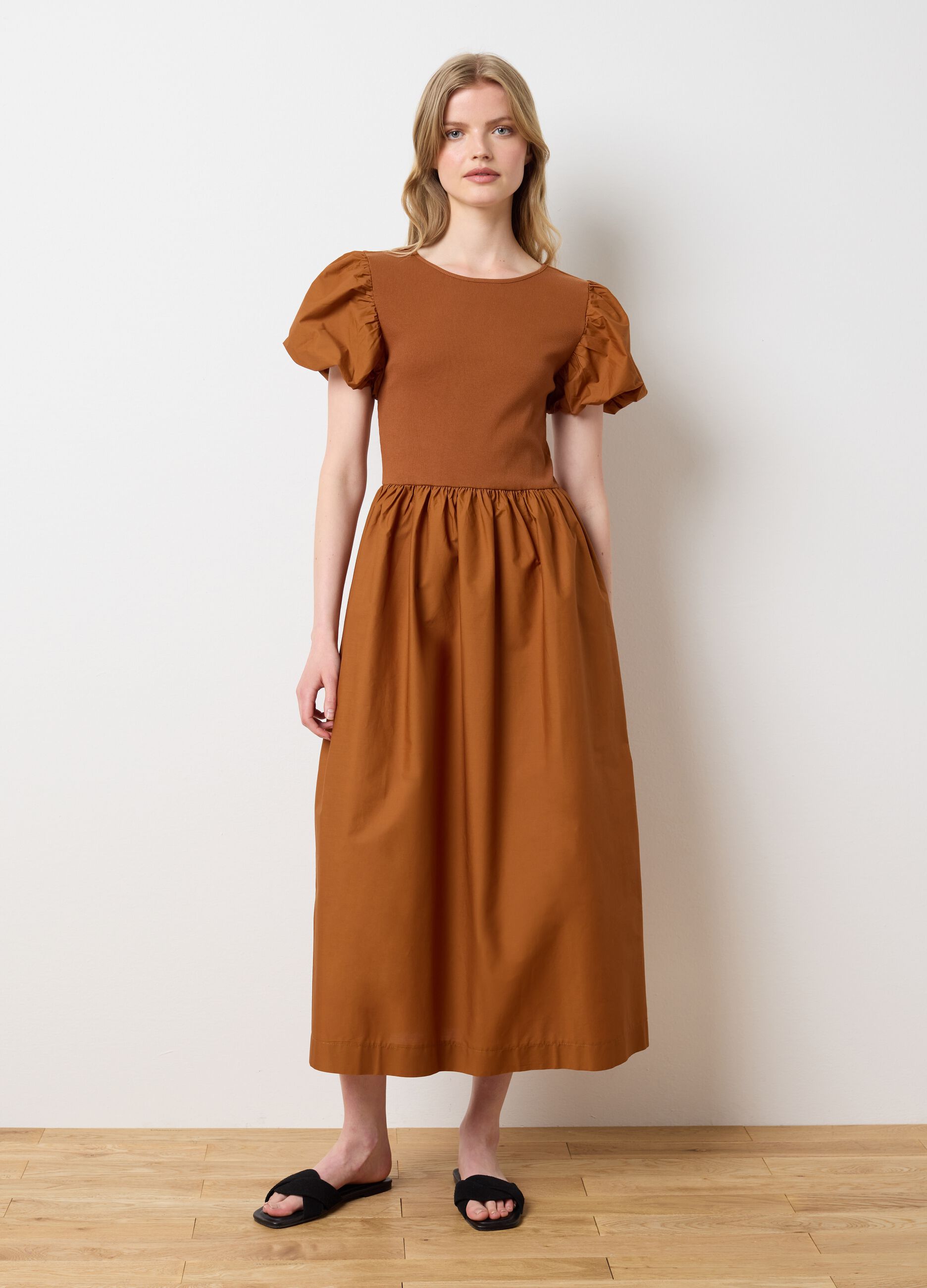 Long brown cotton regular fit women's dress