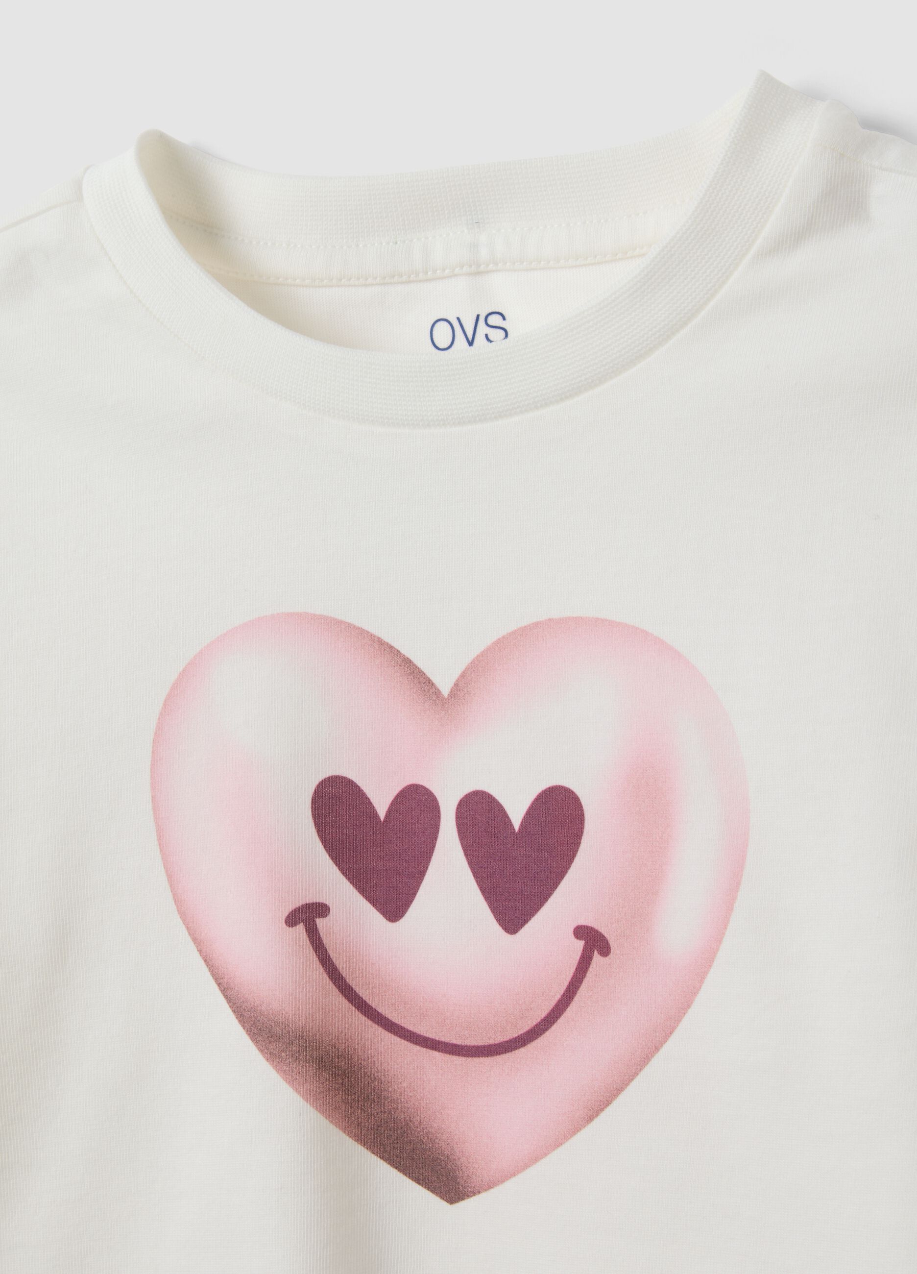 White organic cotton T-shirt with heart print for girls, regular fit