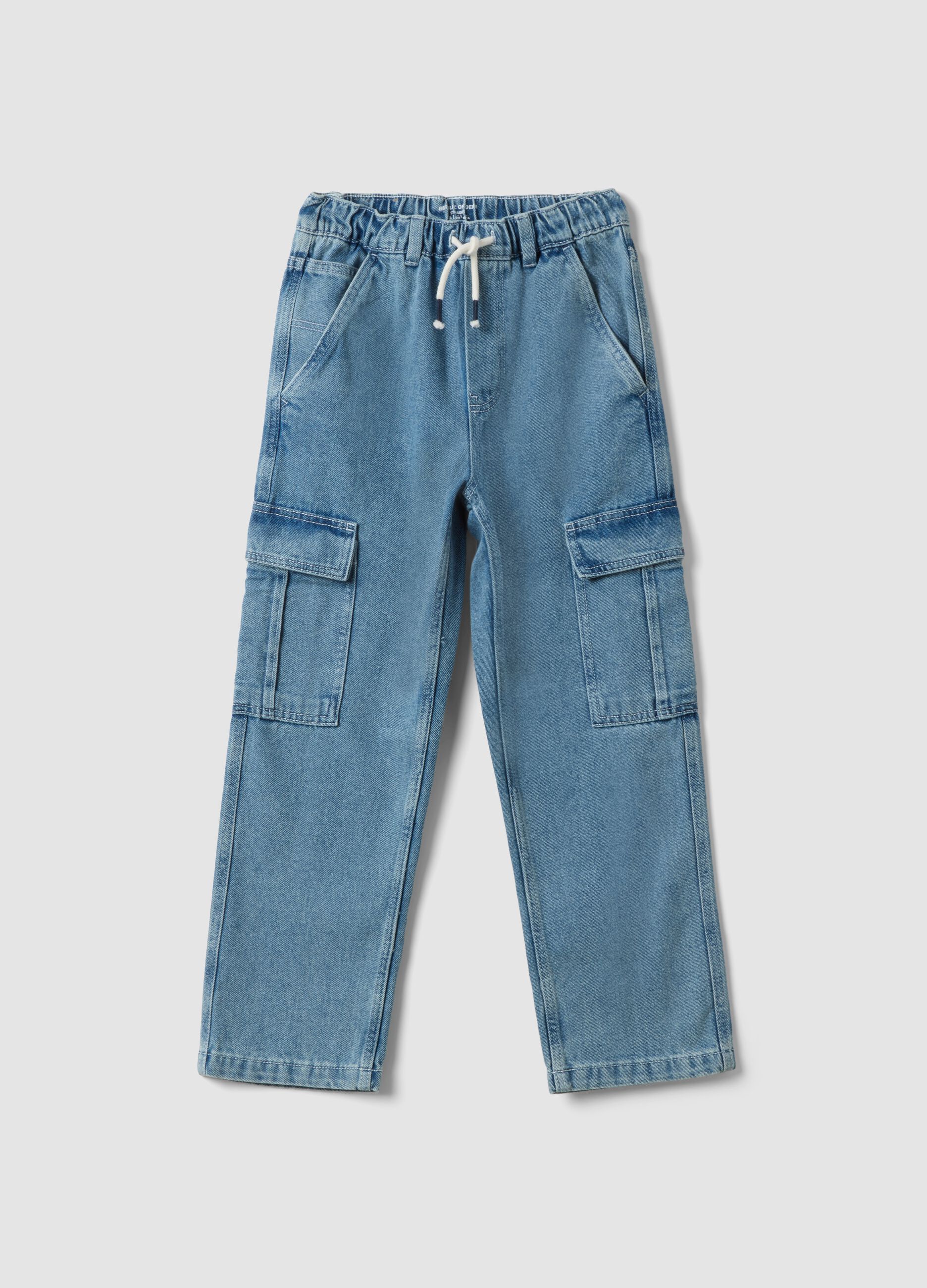 Jeans cargo denim azzurro in misto cotone e viscosa straight fit