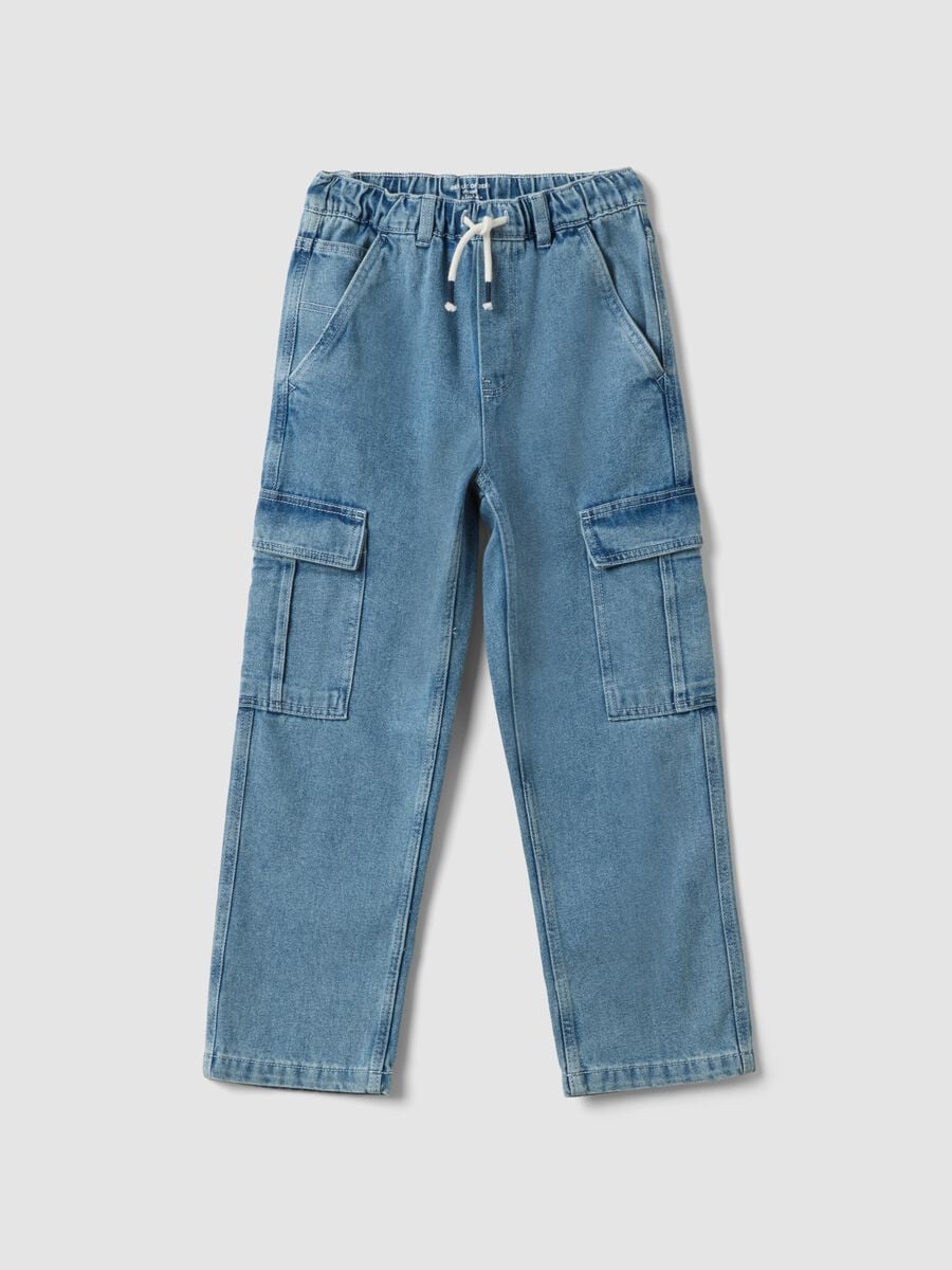 Jeans cargo denim azzurro in misto cotone e viscosa straight fit_0