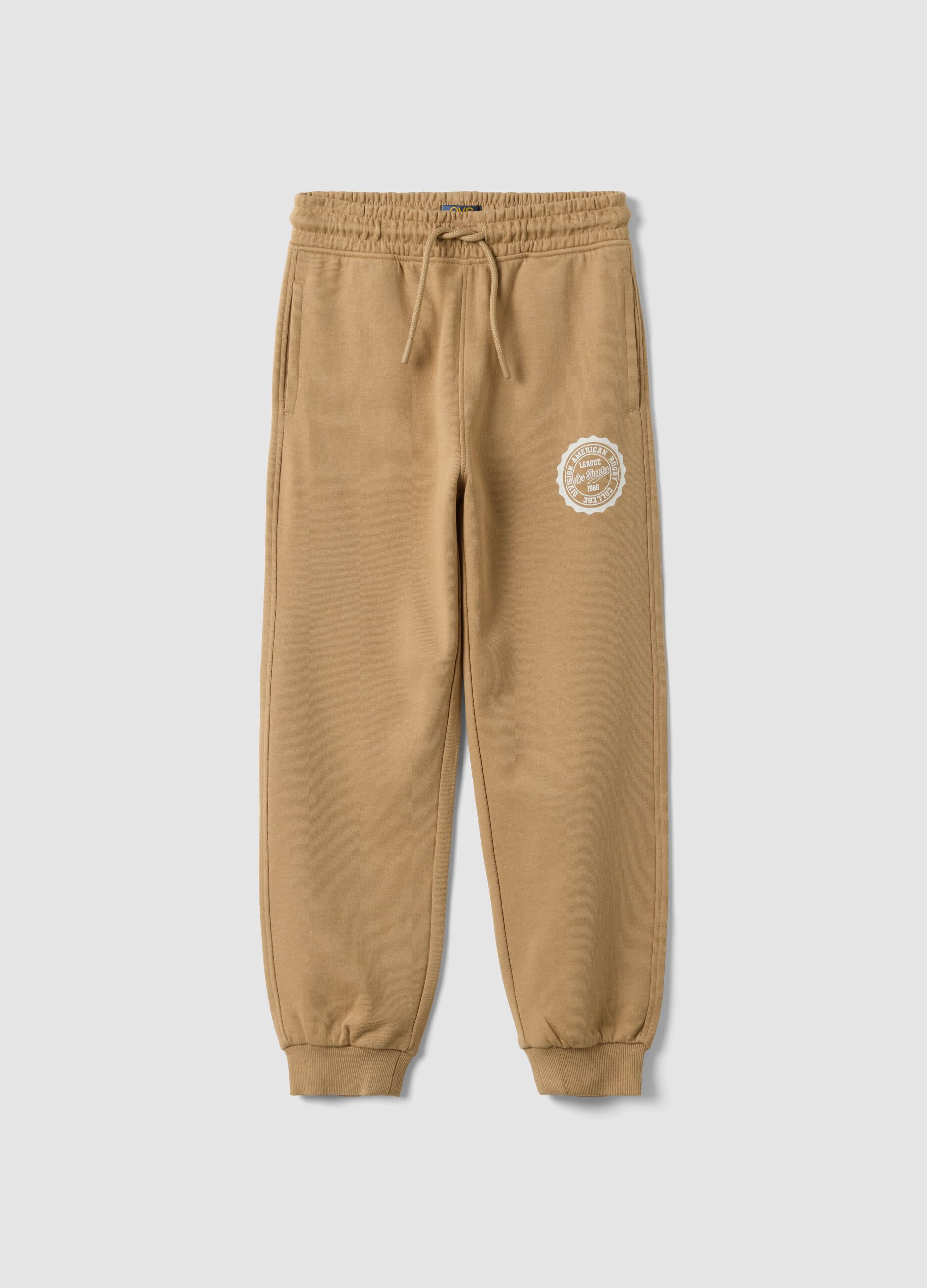 Beige cotton-viscose blend joggers with contrasting print for boys