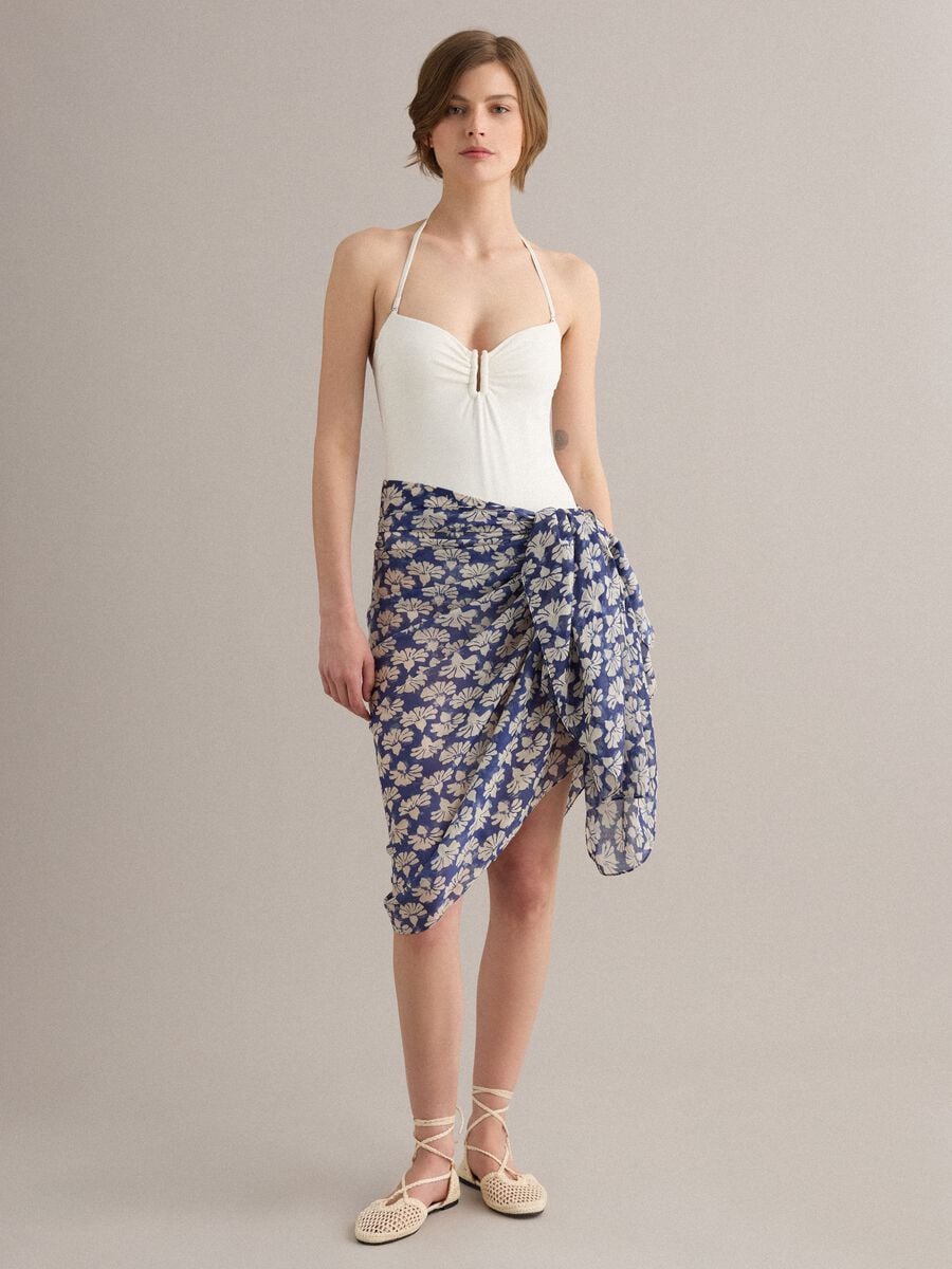 Blue pure cotton sarong with floral print_0