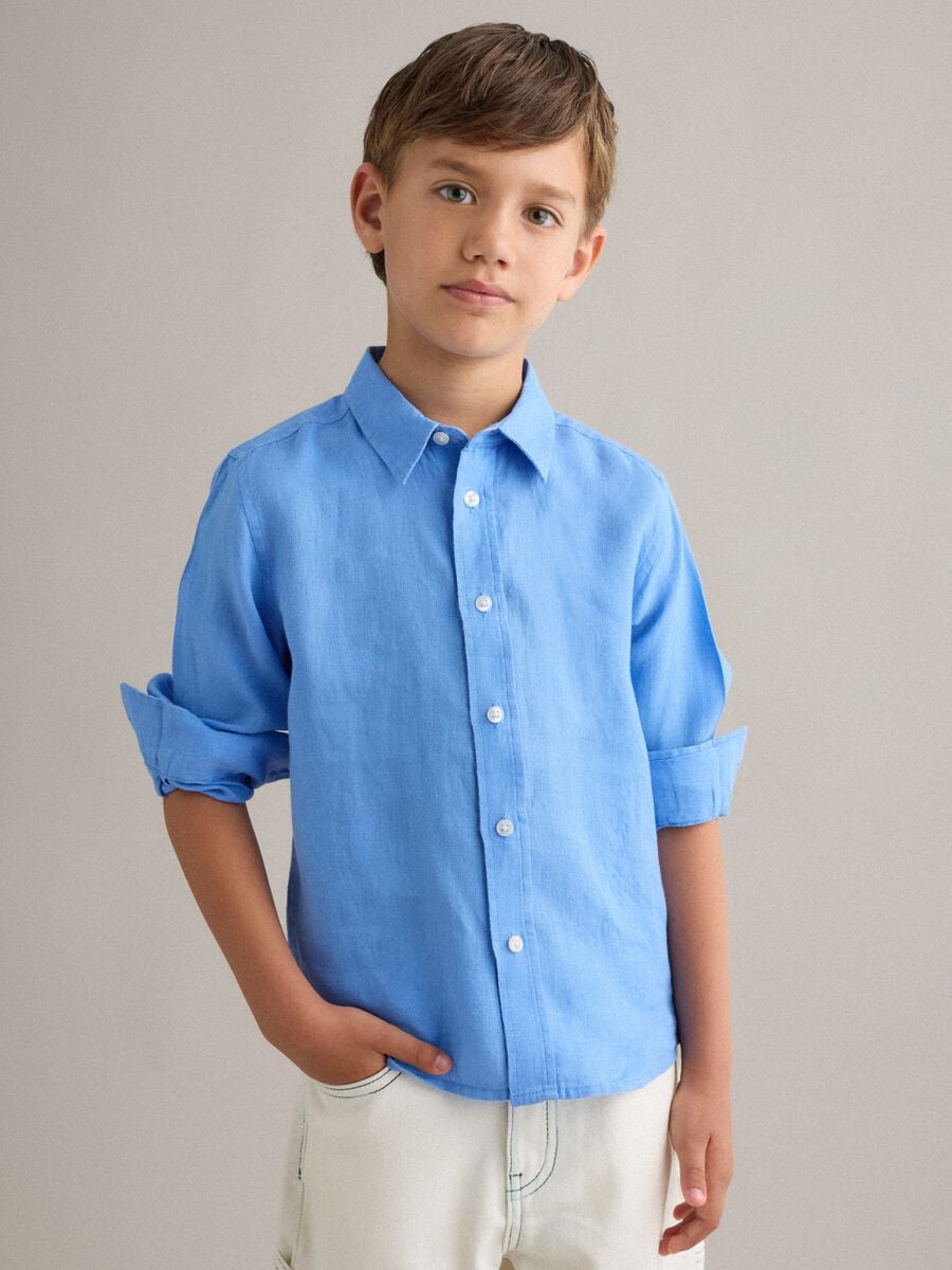 Camicia in puro lino azzurra oversize fit da bambino_0