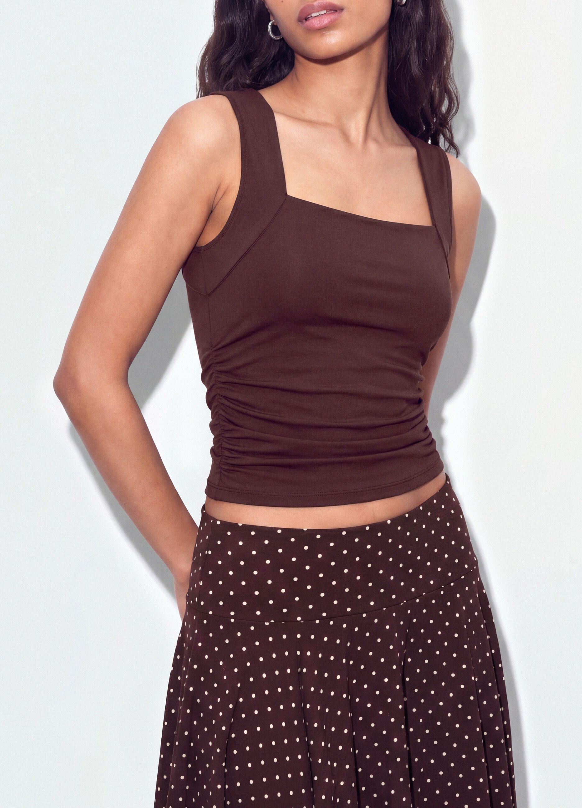 Red stretch tank top with side ruching