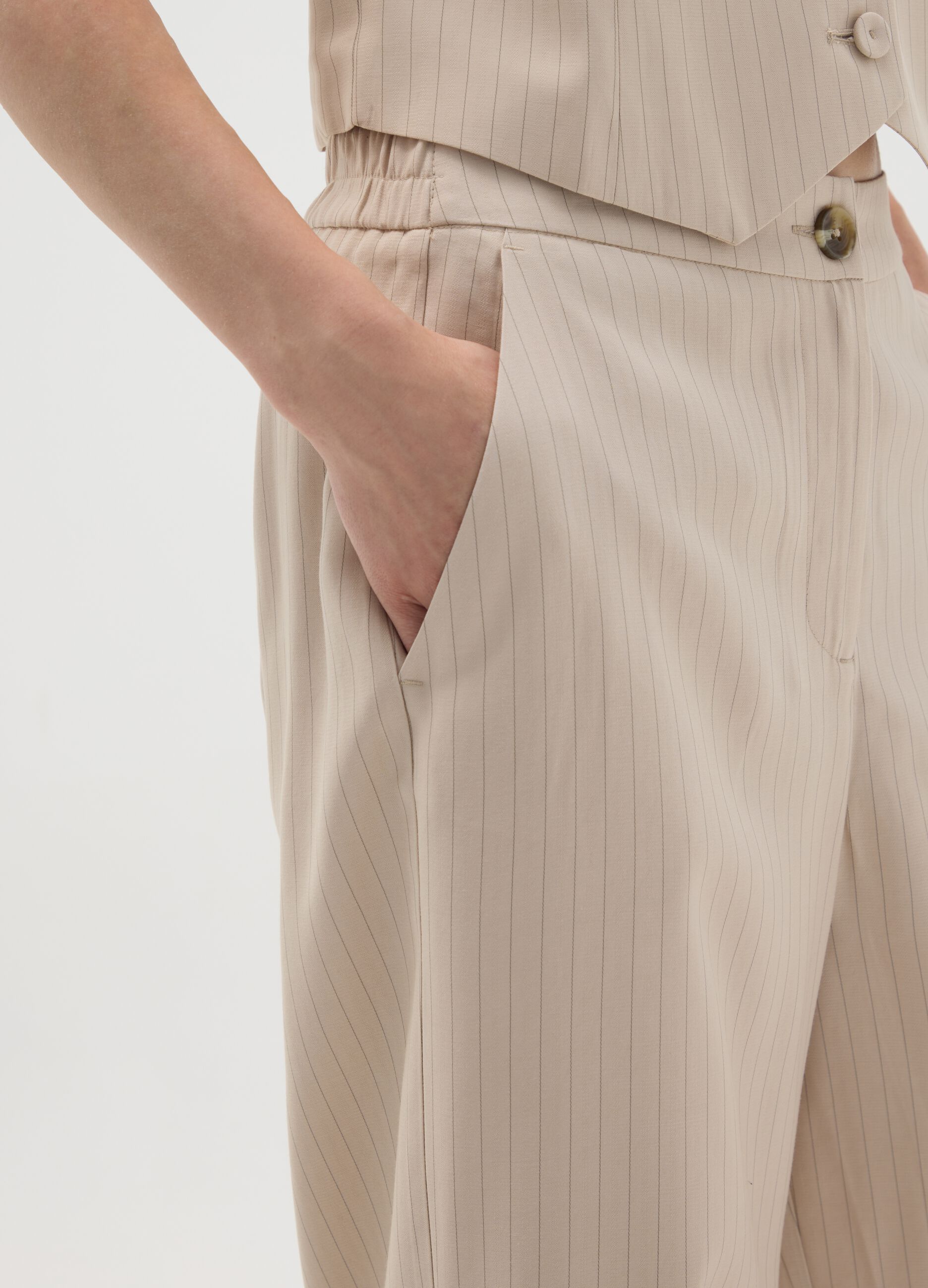 Beige Striped Wide Leg Trousers