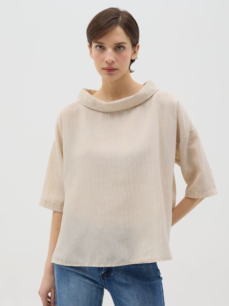 Beige pinstriped top in lurex with cowl neck_0