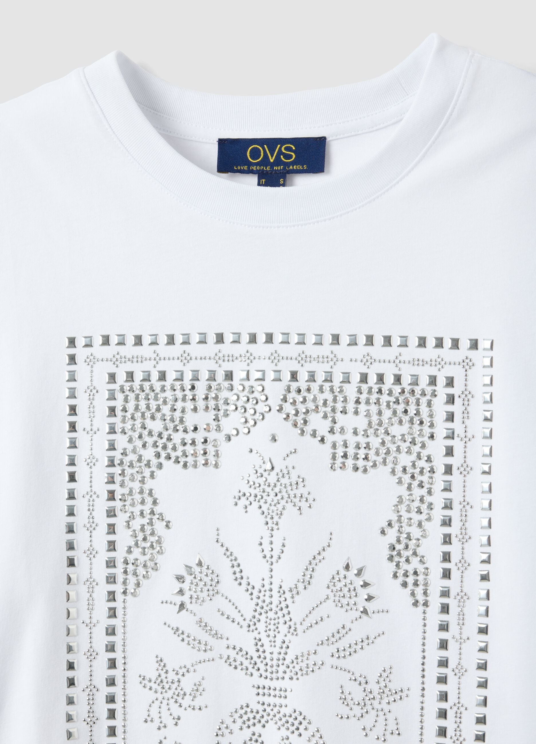 White pure cotton regular-fit T-shirt with rhinestone motif