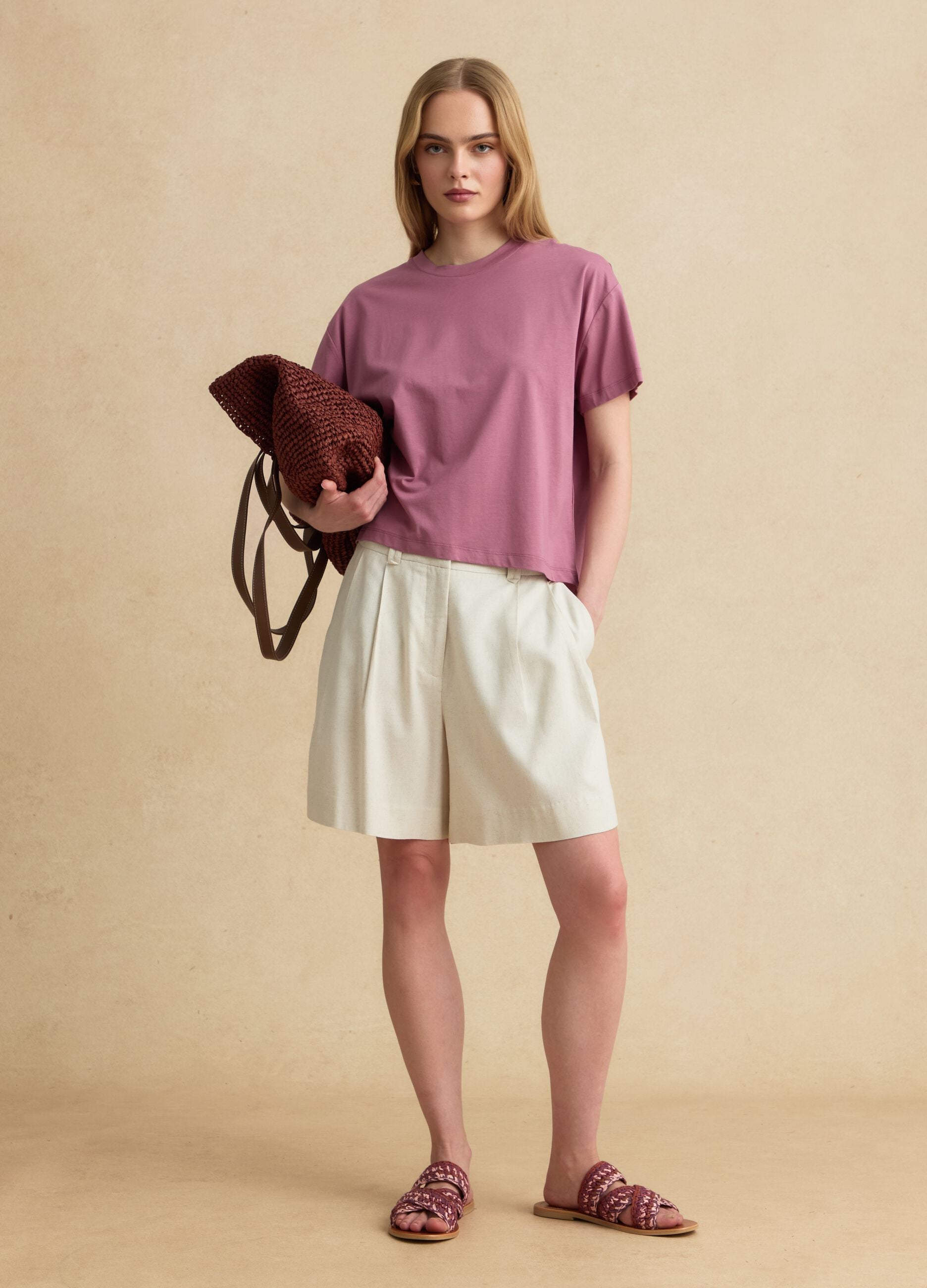 Pink short-sleeve T-shirt in lyocell and cotton blend