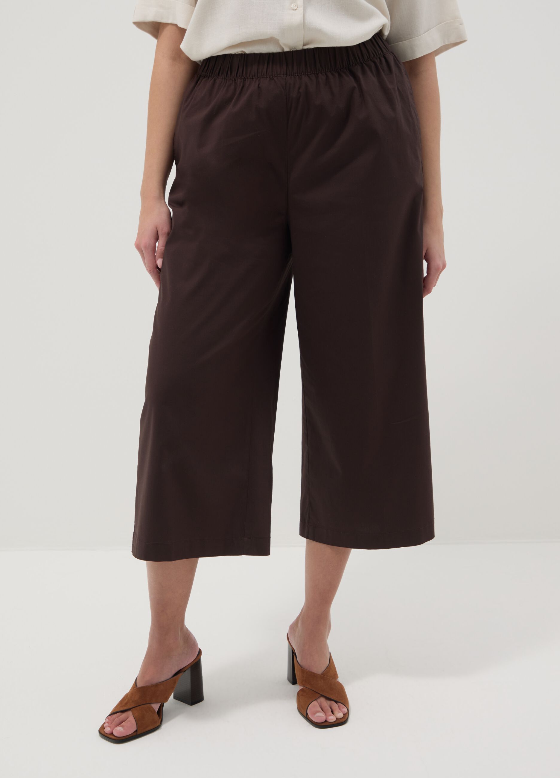 Brown stretch cotton wide-leg trousers