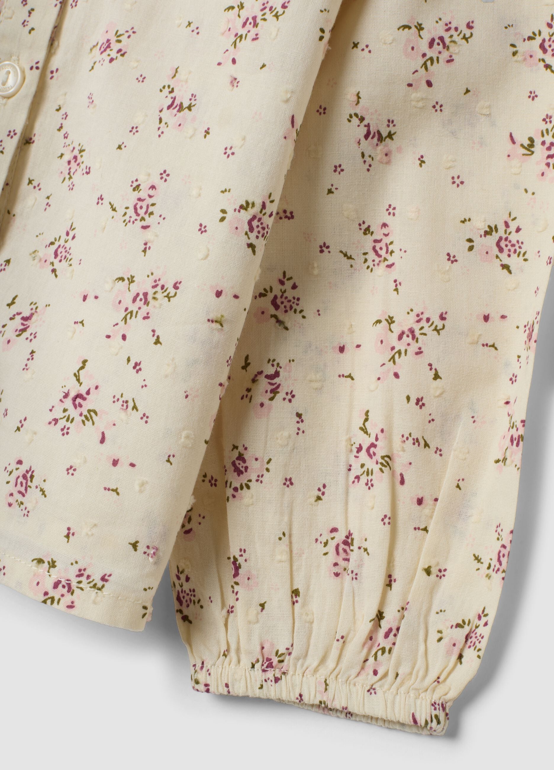 Camicia crema in puro cotone con stampa floreale rosa chiaro e verde oliva