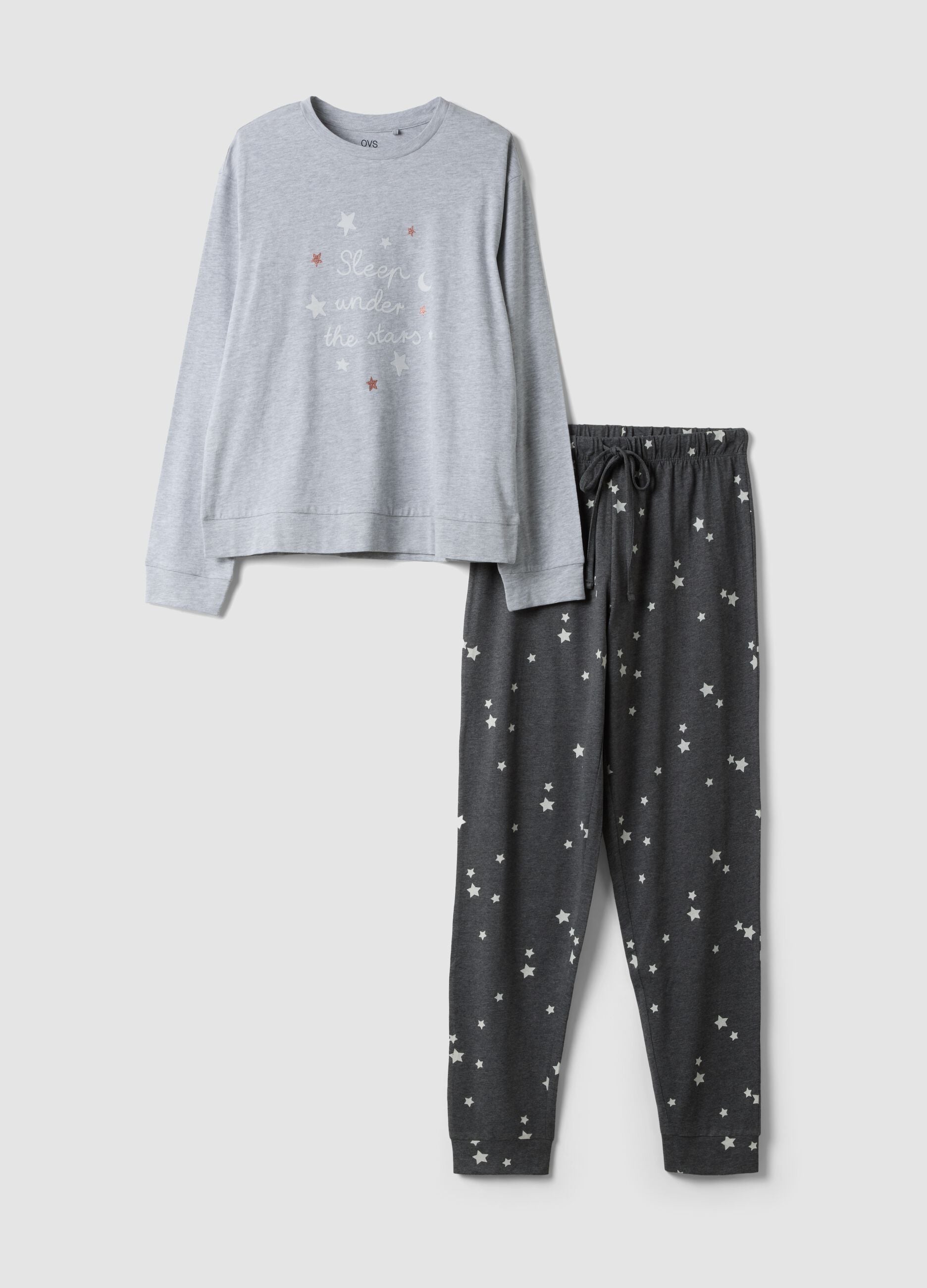 Grey pyjamas in organic cotton and viscose blend with crew neck