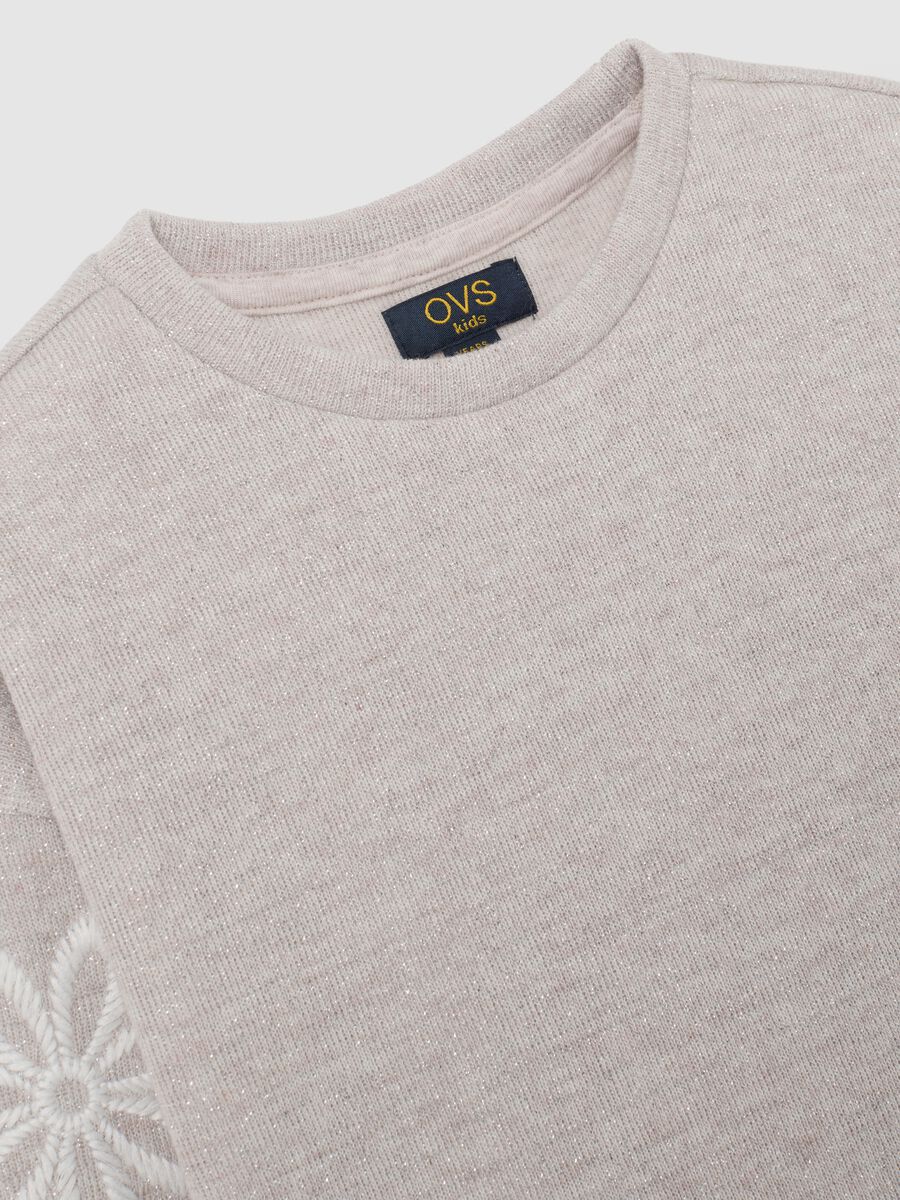 Beige Cotton Blend Regular Fit Sweatshirt with Embroidered Flowers for Girls_3