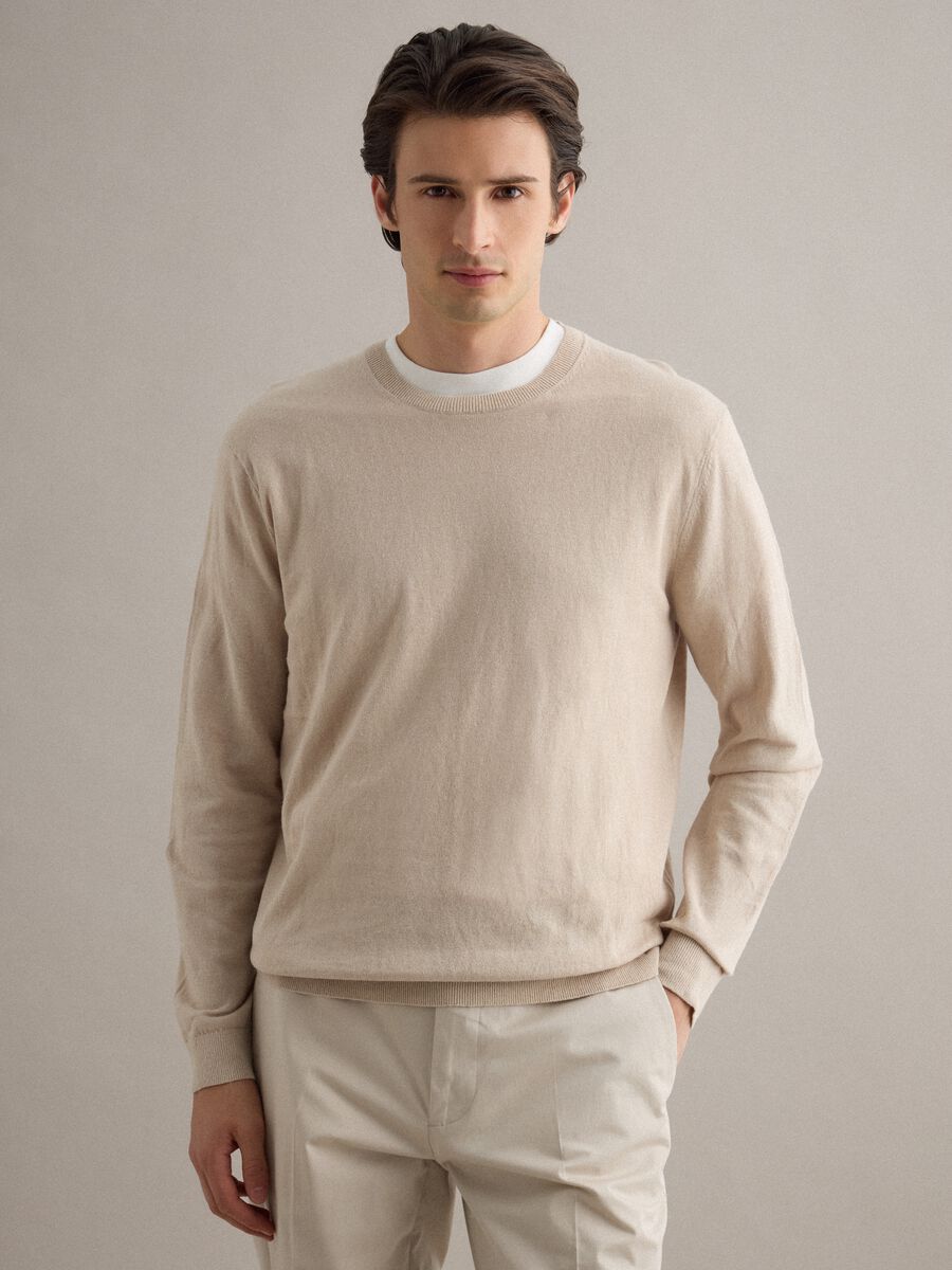 Beige regular fit cotton and linen crew neck pullover_0