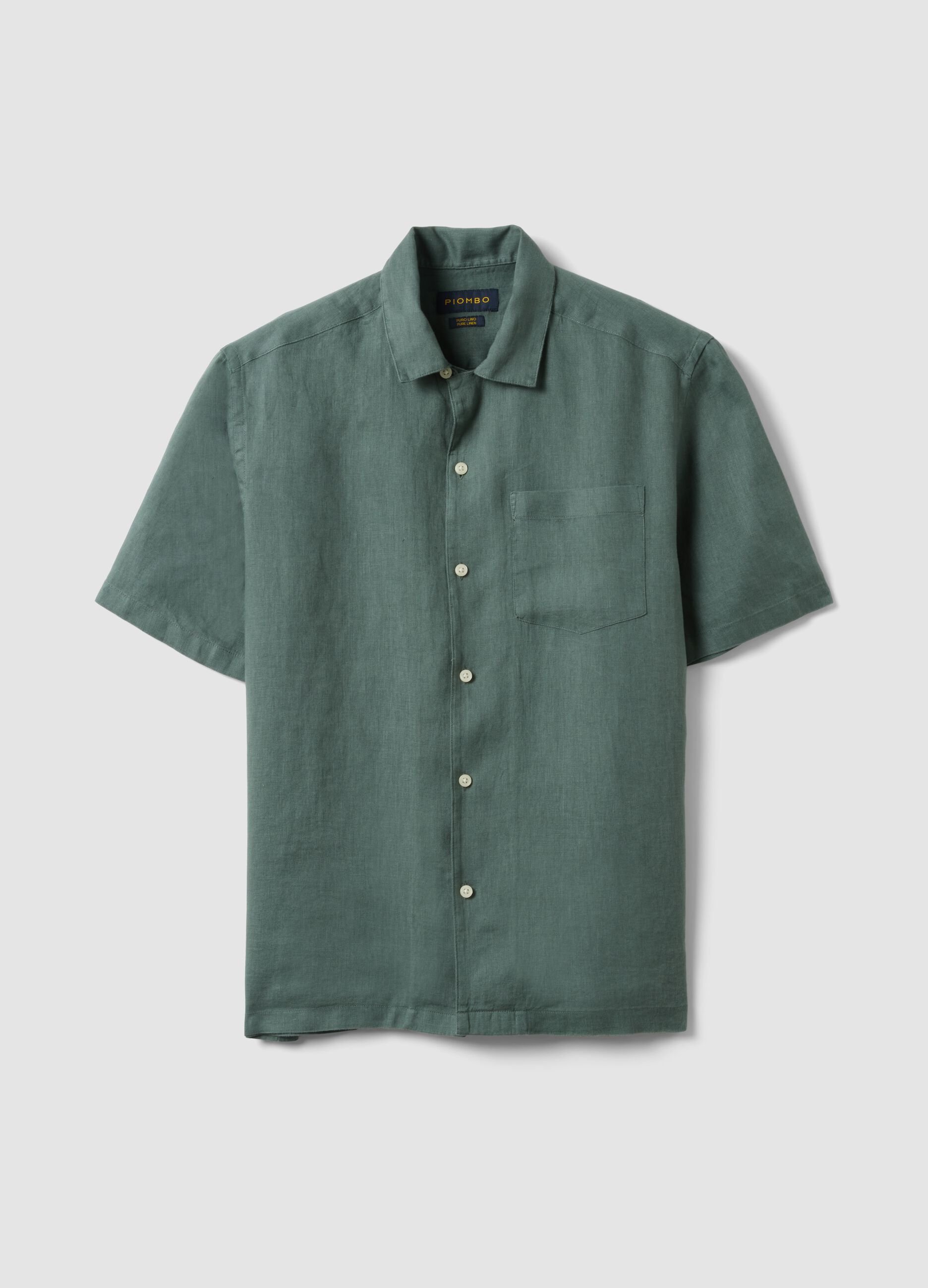 Green shirt with bowling collar in pure linen regular fit