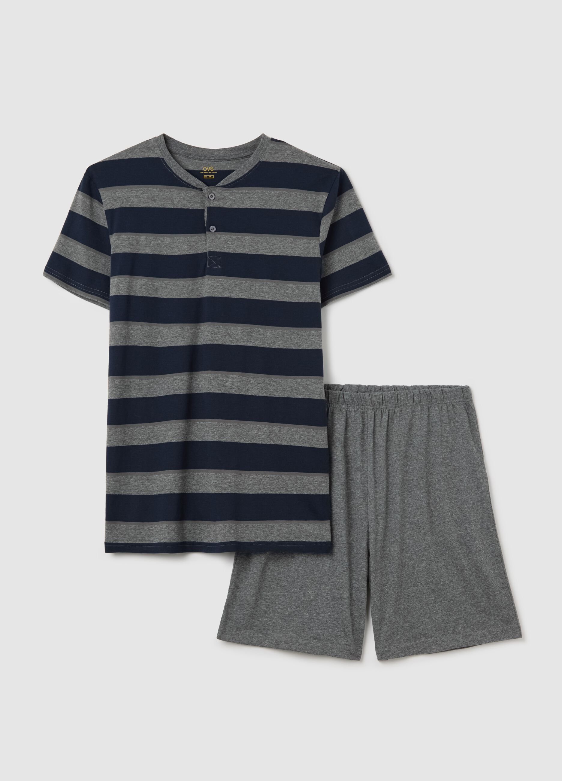 Short blue and grey pyjamas in cotton with striped pattern
