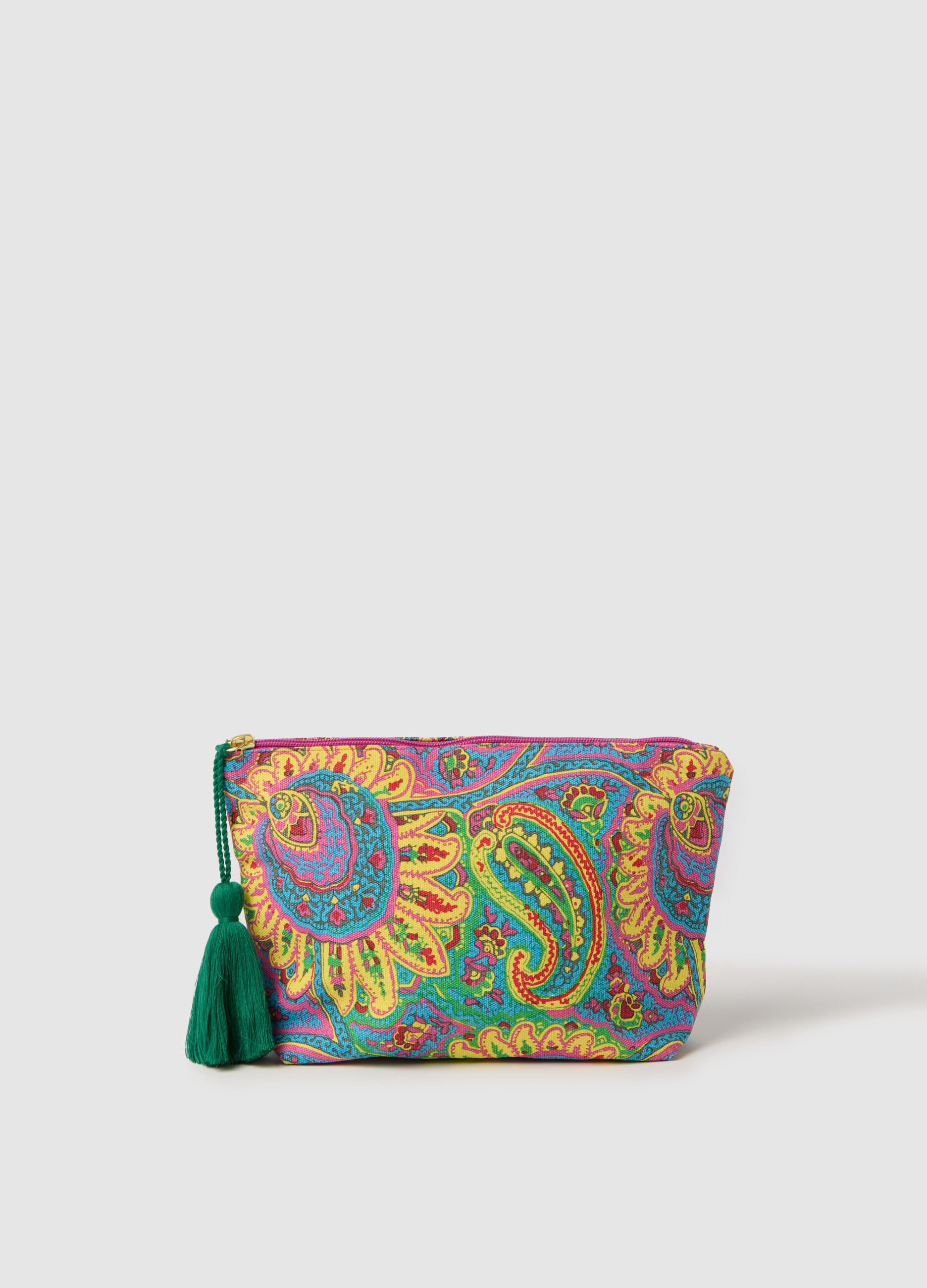 Clutch bag with tassel and paisley print