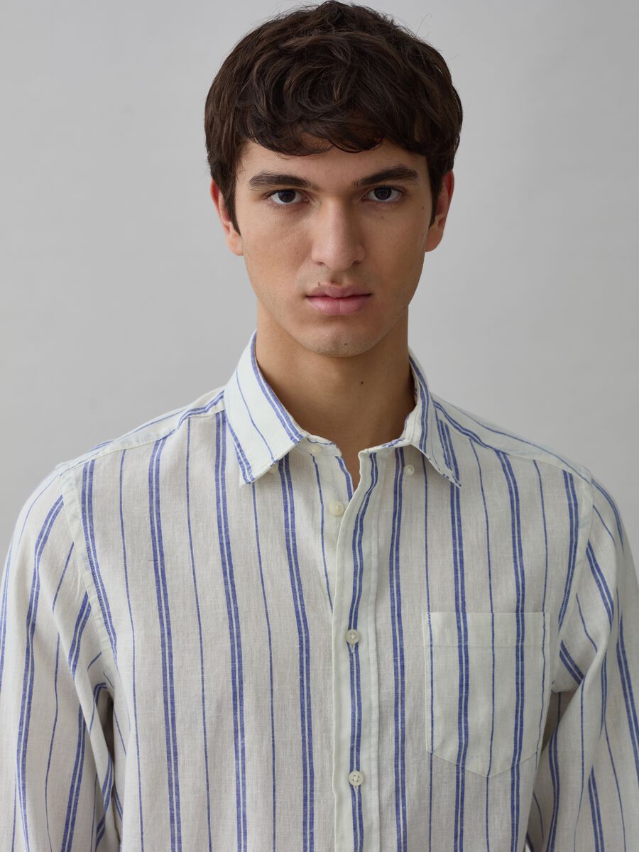 Regular-fit shirt in striped cotton and linen_0