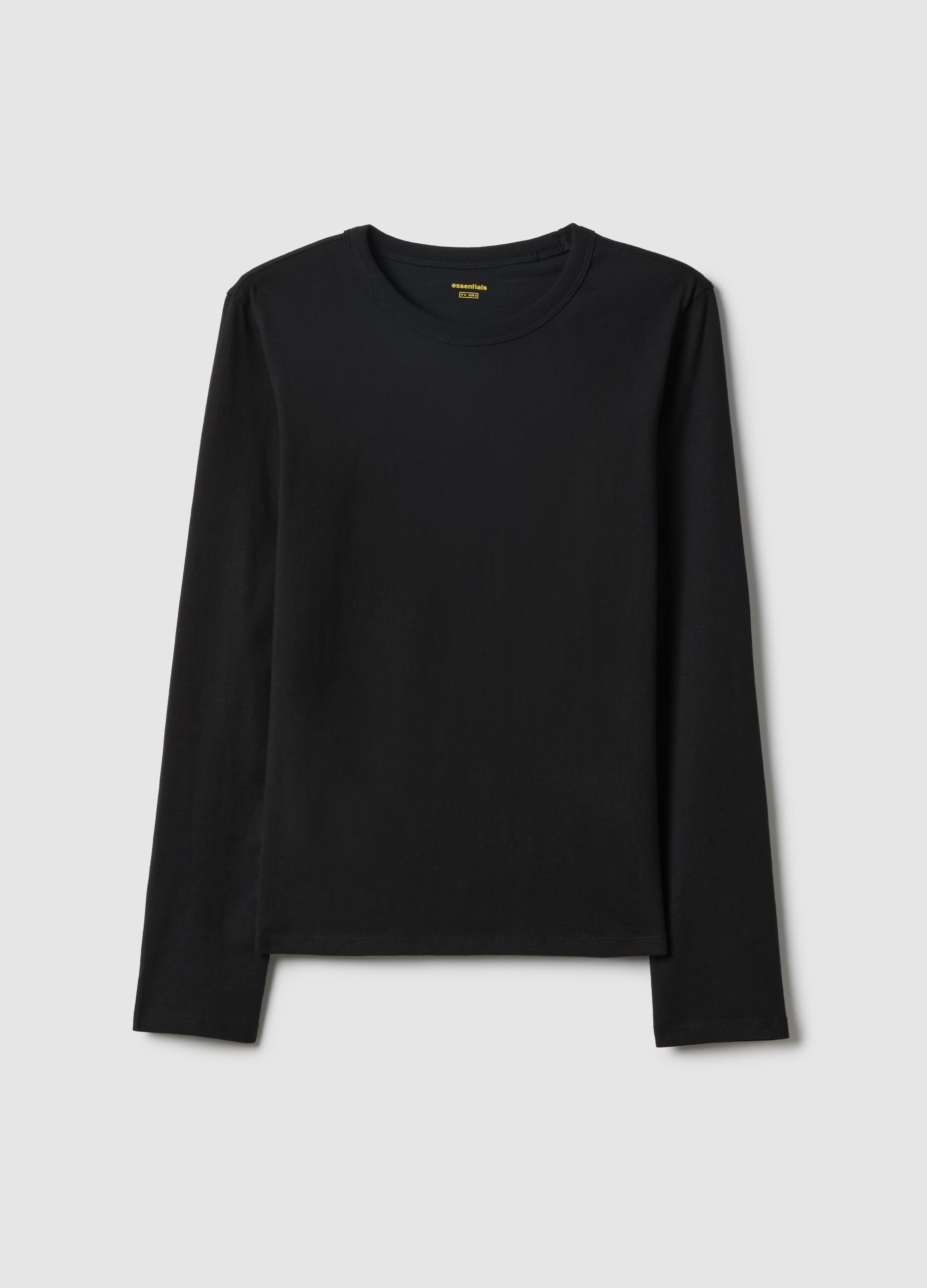 T-shirt nera a maniche lunghe in puro cotone regular fit