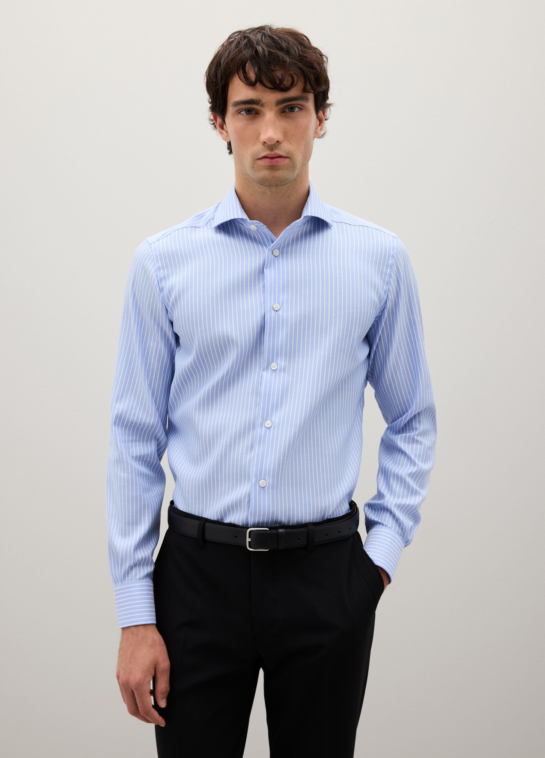 Slim fit pure cotton white and blue striped shirt