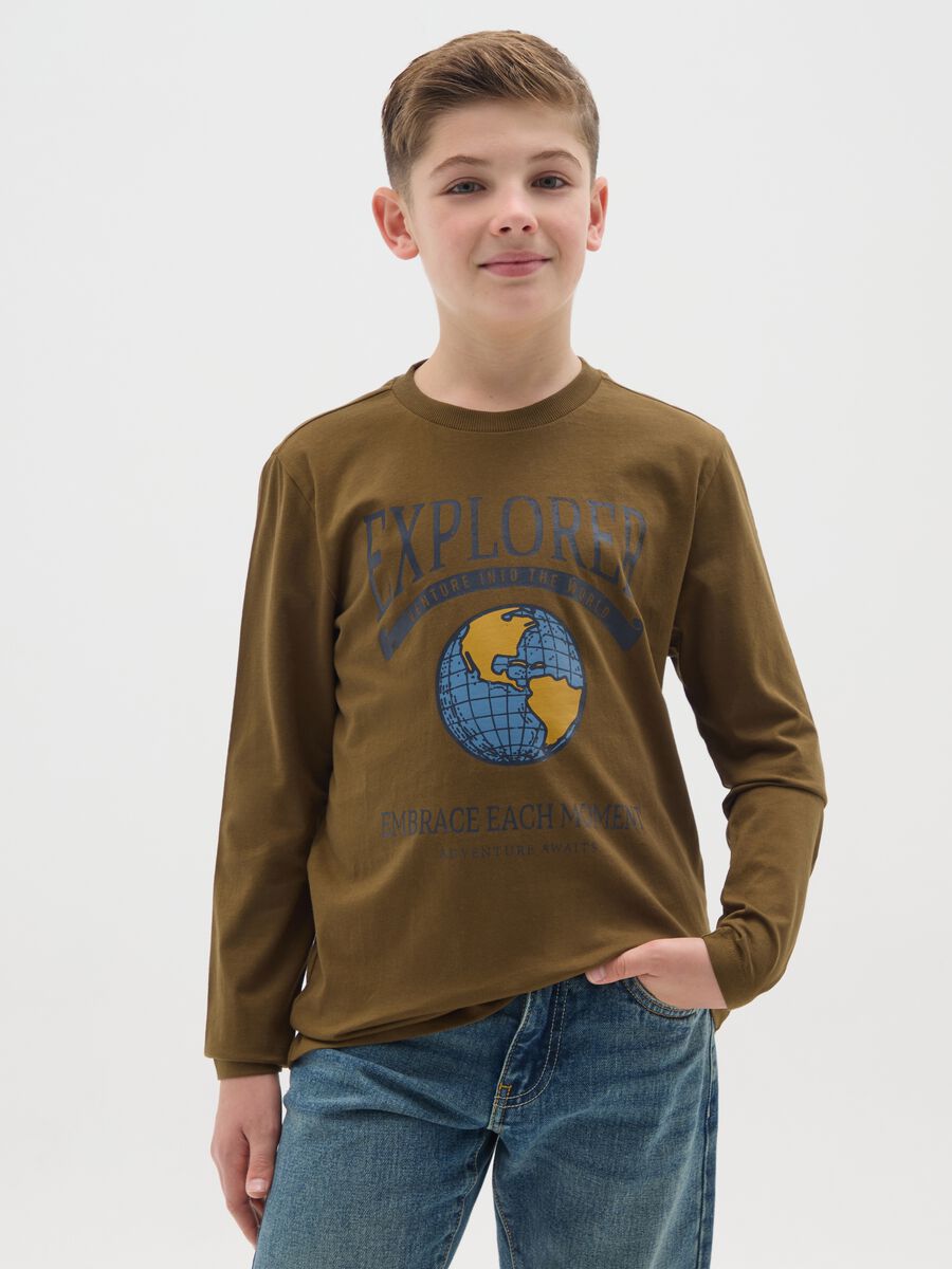Maglia a maniche lunghe da ragazzo in puro cotone marrone _0