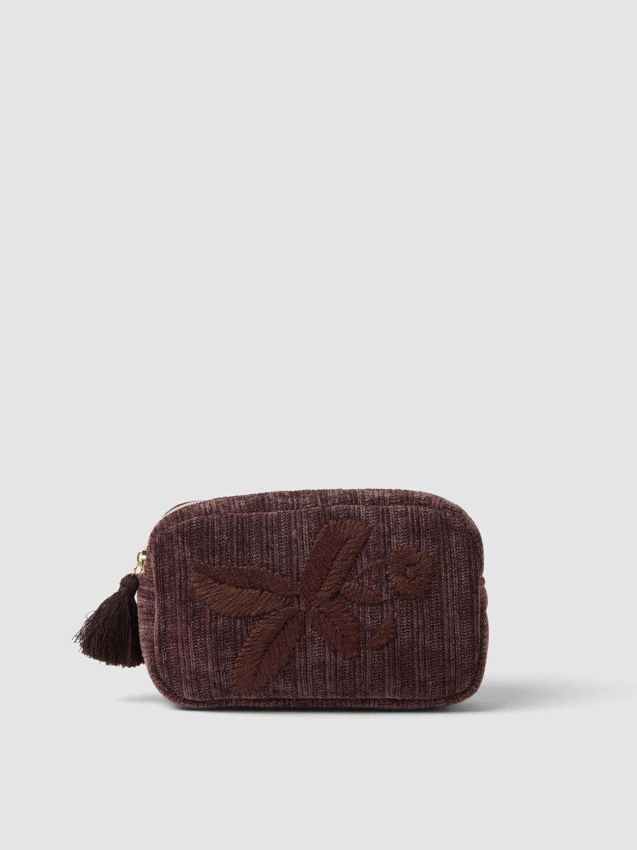 Beauty case marrone con ricamo floreale e nappina_0